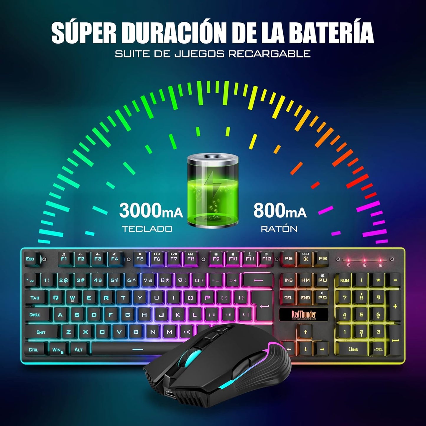 Redthunder K10 Teclado Gaming Sensación Mecánico Lnalámbrico,Retroiluminación Led,Batería Recargable De 3800 Mah, Anti-Ghosting+Ratón 7D 3200Dpi,Disposición Es,Para Pc/Ps5/Xbox-Negro