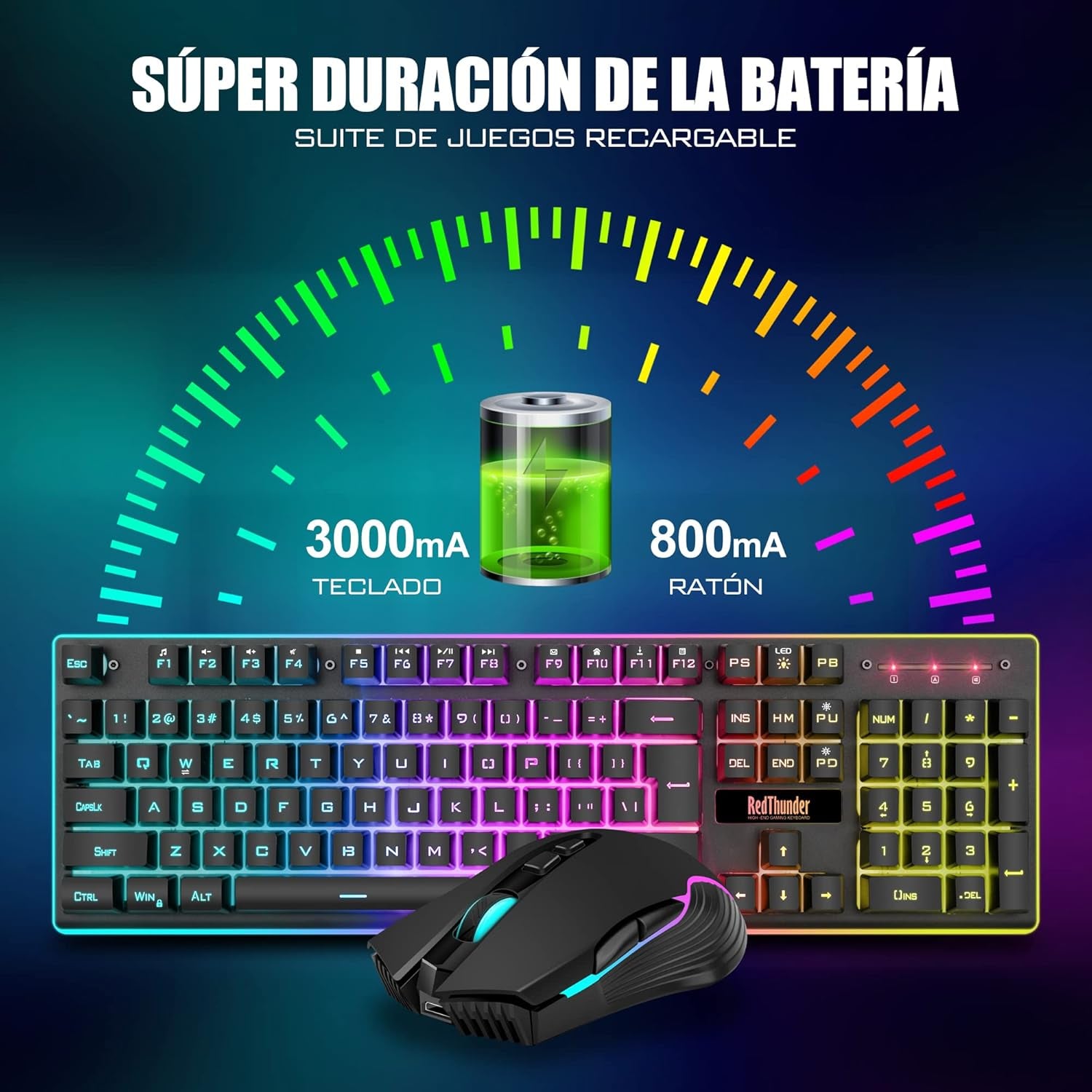 Redthunder K10 Teclado Gaming Sensación Mecánico Lnalámbrico,Retroiluminación Led,Batería Recargable De 3800 Mah, Anti-Ghosting+Ratón 7D 3200Dpi,Disposición Es,Para Pc/Ps5/Xbox-Negro