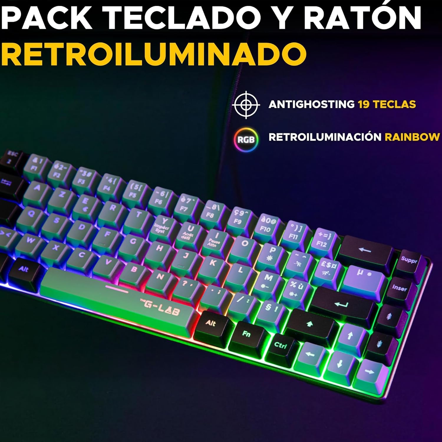 The G-Lab - Combo Hydrogen - Teclado Y Raton Gaming, Teclado Gaming 65% Con Cable, Retroiluminación RGB, QWERTY, Formato Compacto + Ratón Gaming RGB, 6 Botones, 6400 Dpi - Compatible Con PC/PS4/PS5