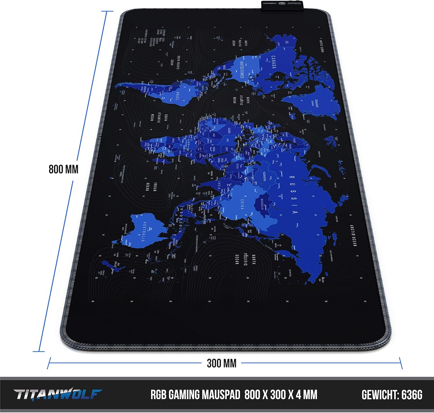 Titanwolf - Alfombrilla De Ratón RGB Para Videojuegos, 800 X 300 Mm, XXL, LED Multicolor, 7 Colores LED Y 4 Modos De Efecto, Para Precisión Y Velocidad, Base De Goma, Lavable, Mapa Del Mundo Azul