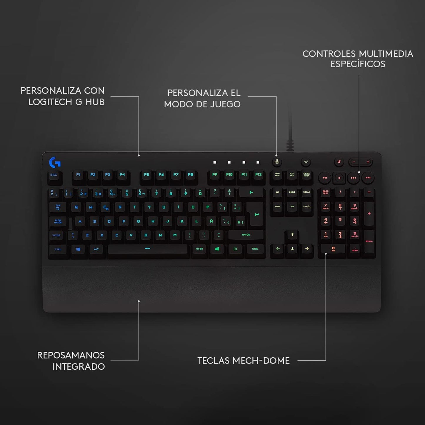 Logitech G213 Prodigy Teclado Gaming Con Reposamuñecas, RGB LIGHTSYNC, Teclas Retroiluminadas Y Personalizables, Resistente a Salpicaduras, Controles Multimedia Dedicados, Disposición QWERTY ES