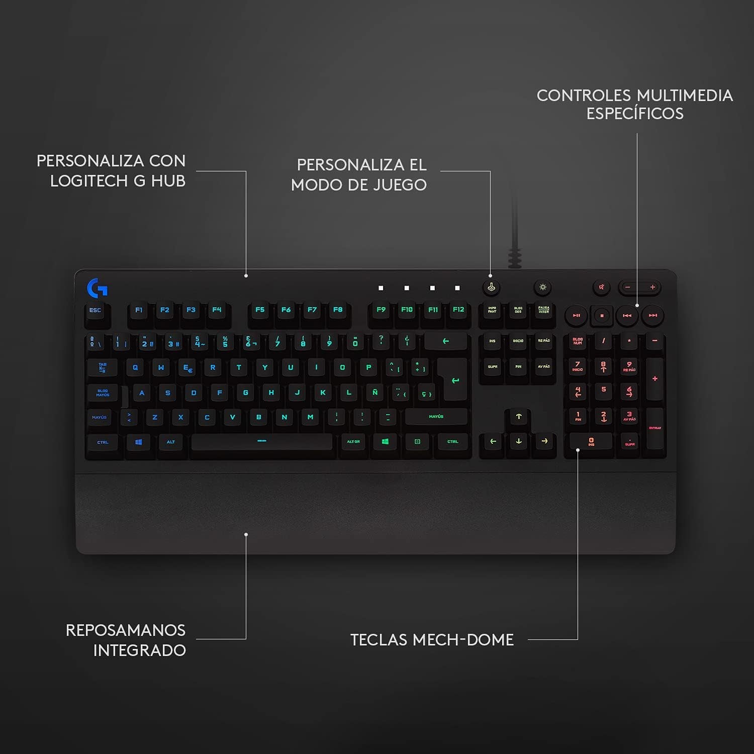 Logitech G213 Prodigy Teclado Gaming Con Reposamuñecas, RGB LIGHTSYNC, Teclas Retroiluminadas Y Personalizables, Resistente a Salpicaduras, Controles Multimedia Dedicados, Disposición QWERTY ES