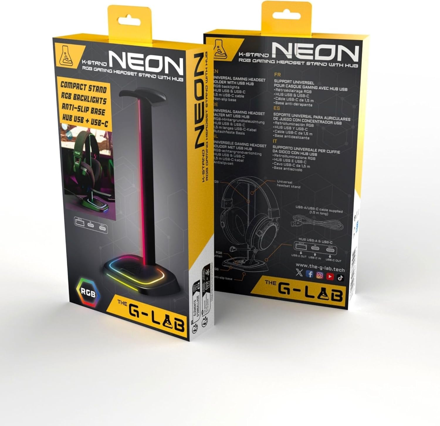The G-Lab K-Stand Neon RGB HUB – Soporte Auriculares Con Iluminación RGB – Soporte Cascos Gaming Con HUB USB-A/USB-C Y Botón On/Off | Accesorio Gaming Para PC PS5 Xbox Switch – Regalo Gamer | Nuevo