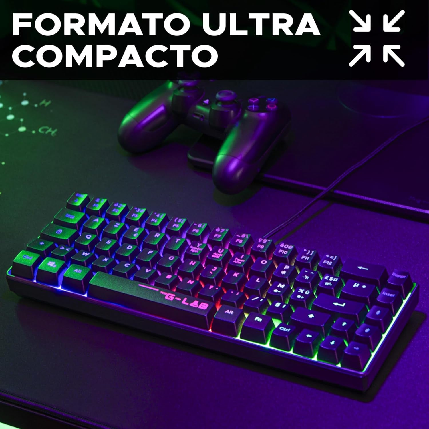 The G-Lab Keyz Hydrogen - Teclado Gaming Qwert - Incluye Ñ - Teclado Para Juegos Semi Mecanico - Teclado Gamer 60%, Retroiluminación Multicolor - Mini Teclado Gamer Silencioso, Para PC,PS4,PS5