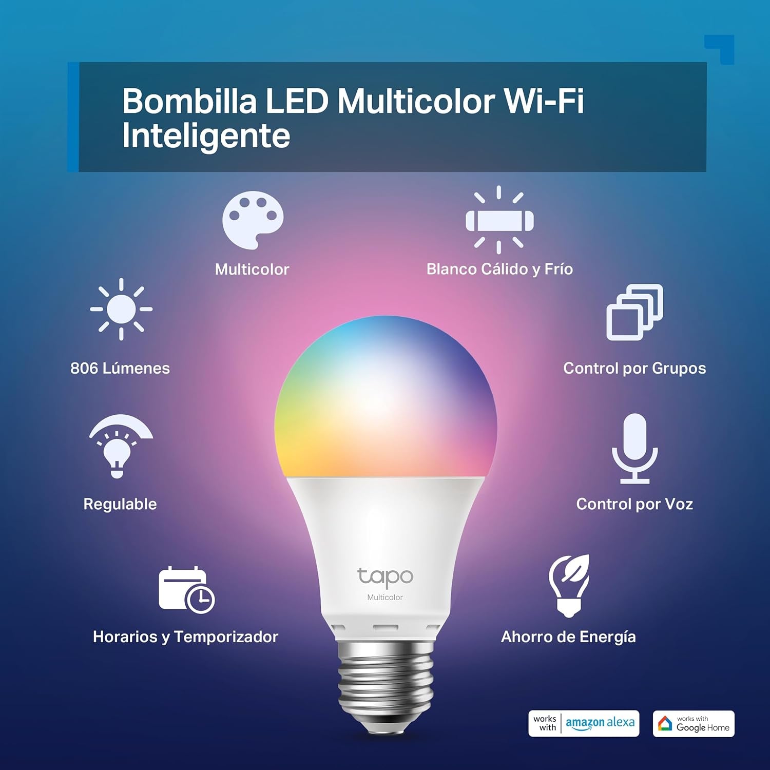 Tapo L530E – Bombilla LED Inteligente Wi-Fi, Multicolor, Regulable, Casquillo E27, 8.3W, 806 Lúmenes, Compatible Con Alexa Y Google Home, Paquete De 2 (Paquete De 1)