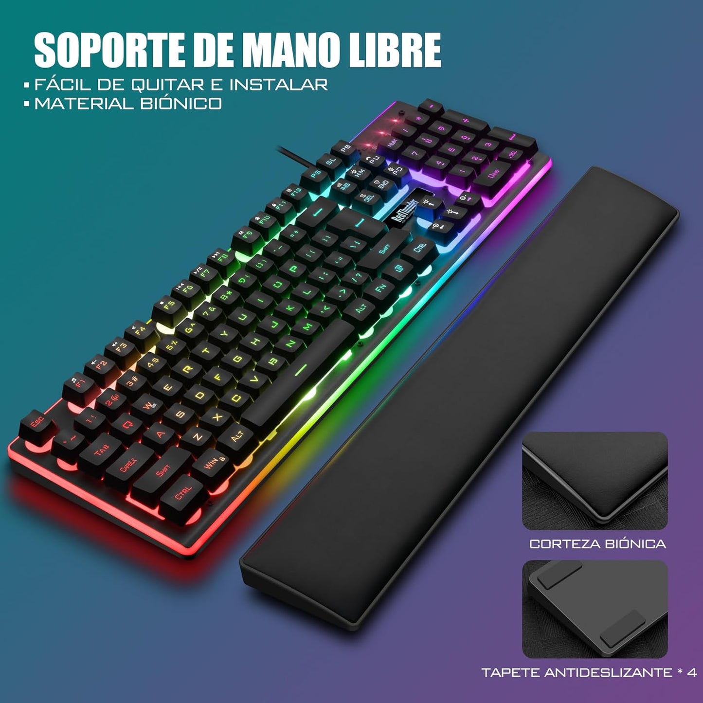 Redthunder K10 Juego 3 En 1 De Teclado, Ratón Y Reposamuñecas De Cuero, Retroiluminación RGB + Tacto Mecánico, Teclas Anti-Ghosting + Ratón 7D 7200DPI, Layout Español, Compatible Con Pc/Ps5/Xbox Negro