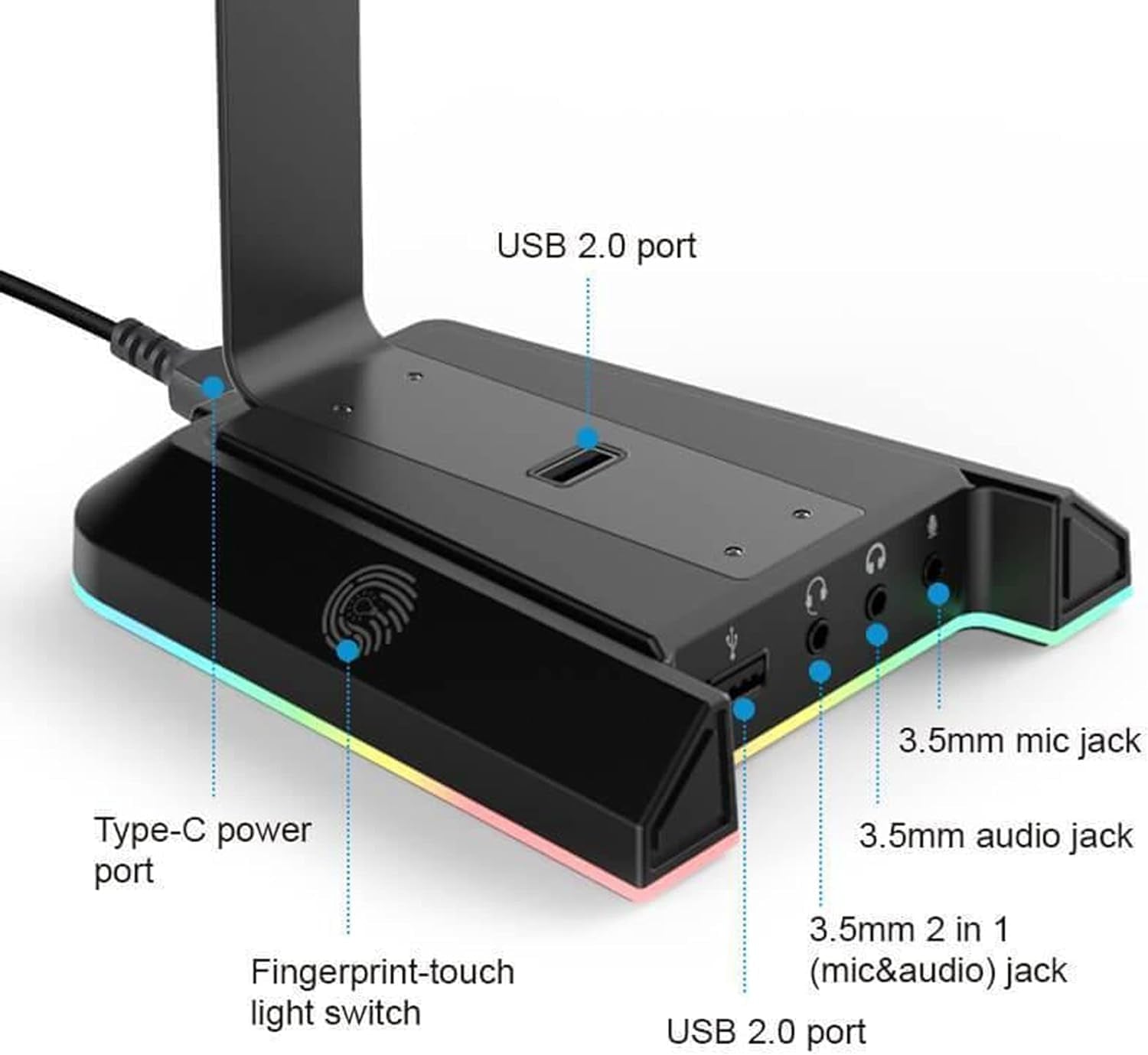 EKSA W1 Soporte Auriculares Con RGB, Sonido Envolvente 7.1, 3 Puertos 3.5Mm Y 2 USB, Accesorios Gaming Para PC, Aluminio, Compatible Con Pc/Netbook/Gamer