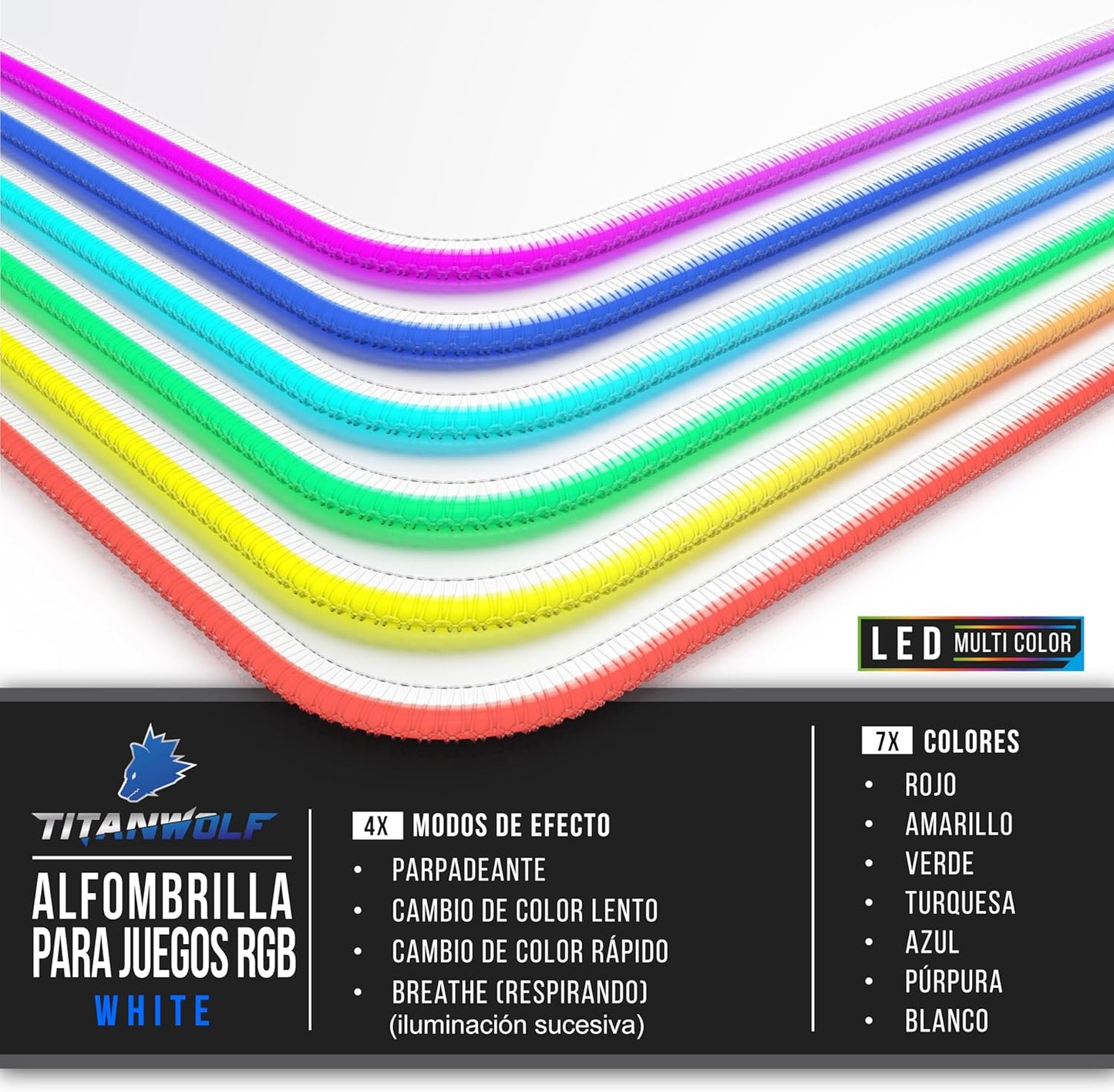 TITANWOLF - Alfombrilla Para Ratón Gaming RGB - Mouse Pad 900X400 Mm - LED Multicolor 7 Colores - 4 Modos De Efectos - Mejora Precisión Y Velocidad - Superficie Inferior De Goma – White