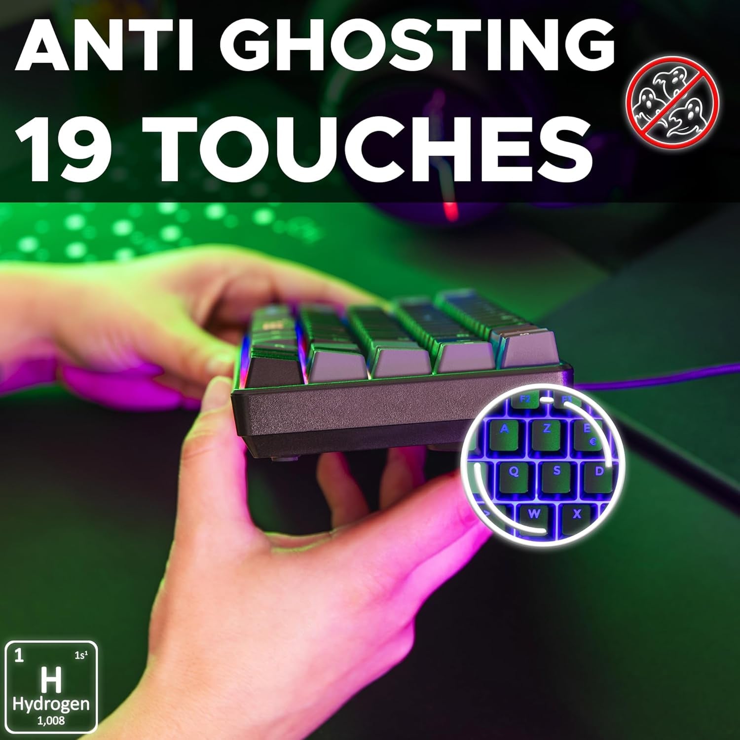 The G-Lab Keyz Hydrogen - Teclado Gaming AZERTY – Idioma Frances - Teclado Para Juegos Semi Mecanico - Teclado Gamer 60%, Retroiluminación Multicolor - Mini Teclado Gamer Silencioso, Para PC,PS4,PS5