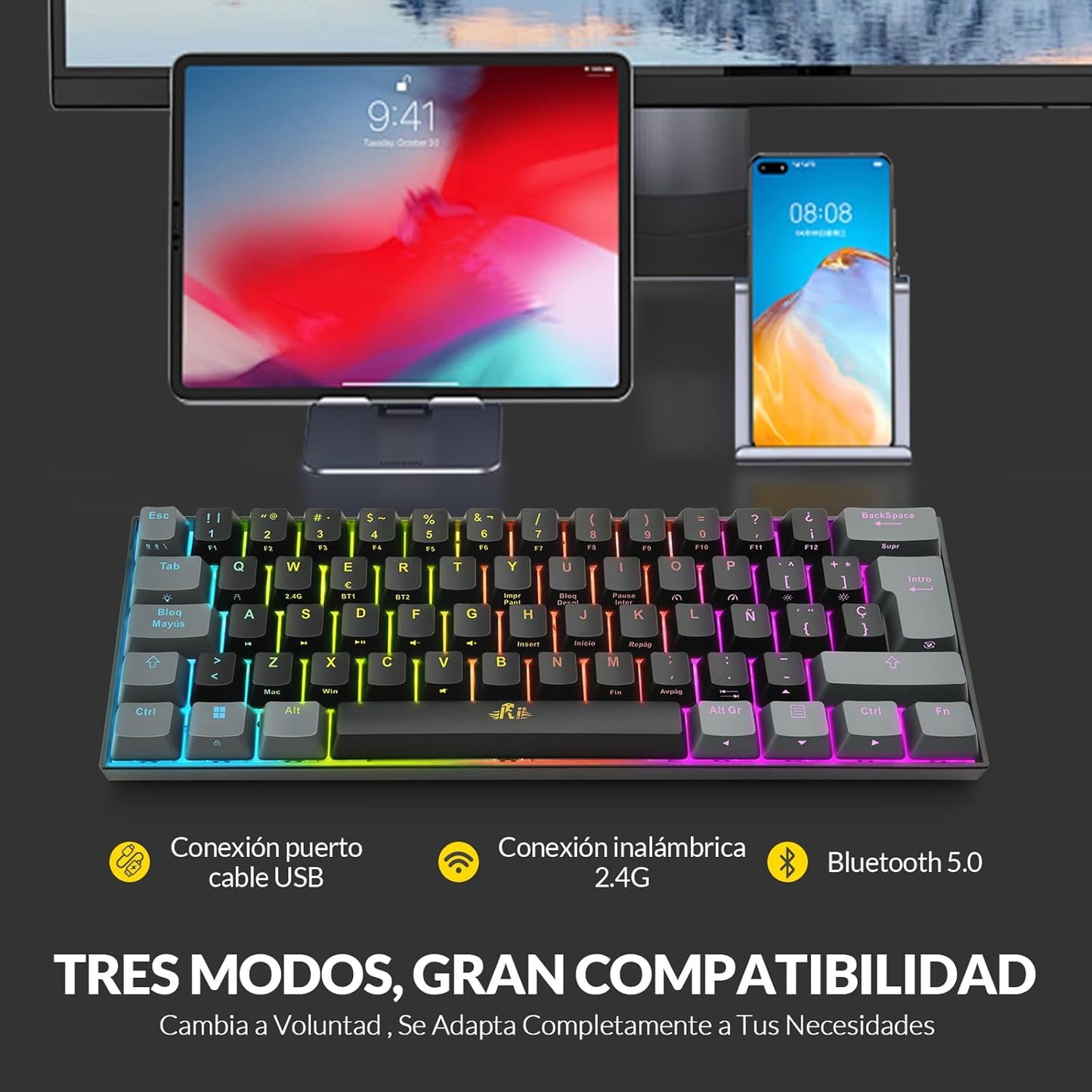 RK802 Teclado Gaming Mecánico, 3 Modos De Conectividad, Retroiluminación RGB, 60% Layout Español (Interruptores Rojos)
