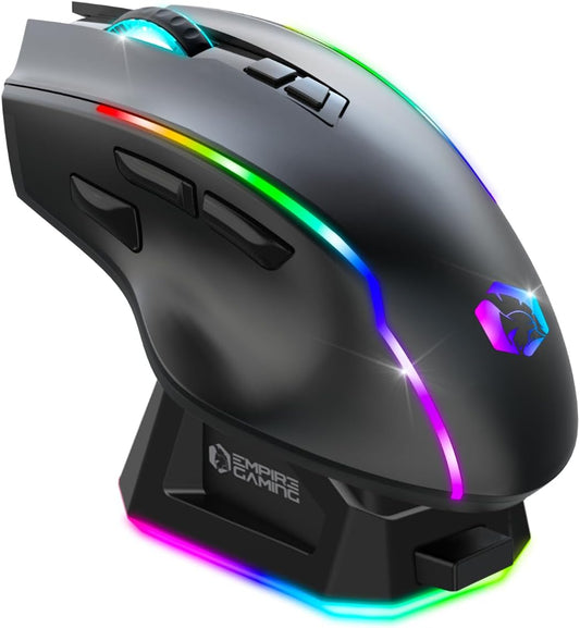 Empire Gaming RF908 - Ratón Inalámbrico Recargable Con Estación De Carga Magnética RGB – 10000 DPI 8 Botones Programables Modos Wifi 2.4 Ghz, Bt/Cable Vía USB-C (Negro)