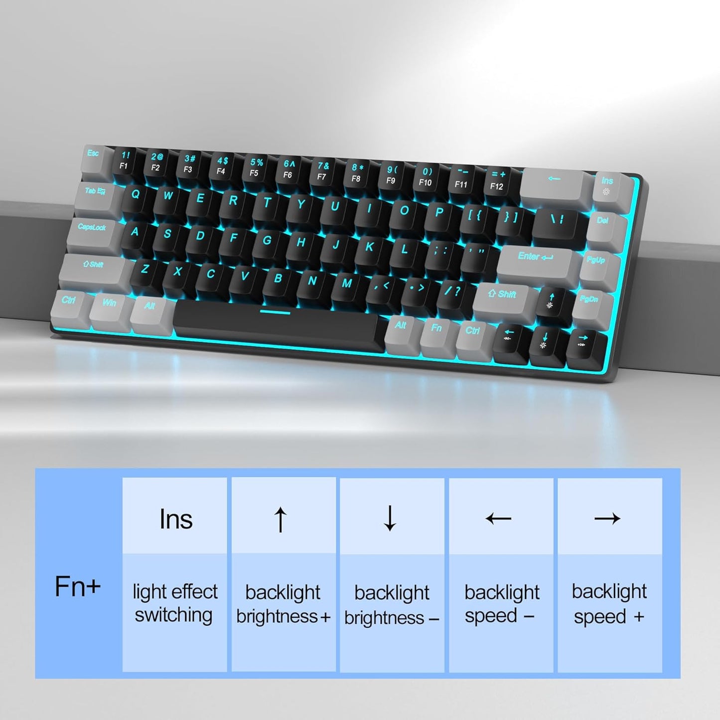 Teclado Mecánico De 60 Por Ciento Para Juegos, Minimalista Mk-Box Retroiluminado Azul Compacto De 68 Teclas Con Cable De Oficina Con Interruptor Rojo Para Windows, Mac, Conveniente (Gris Y Negro)