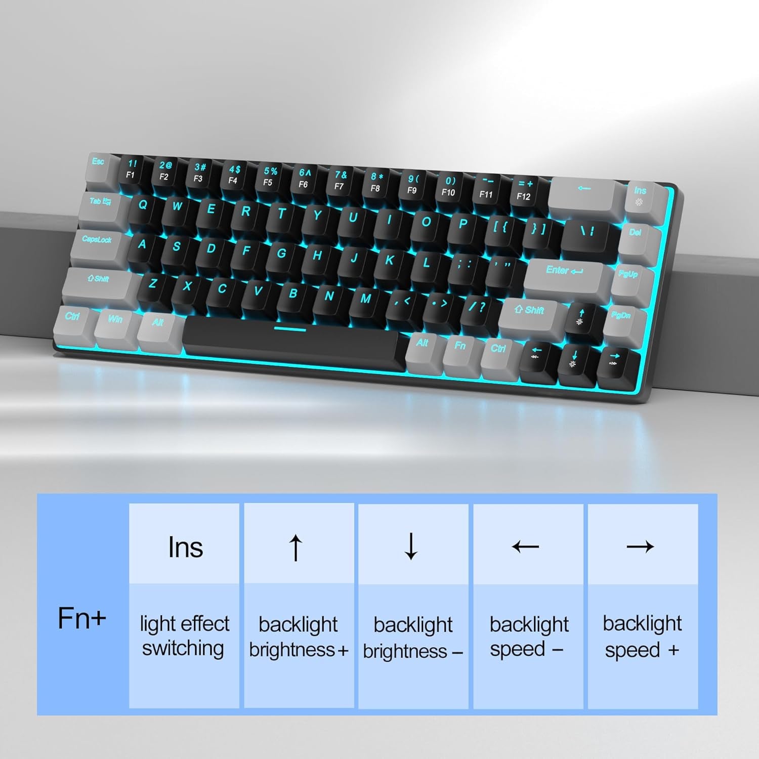 Teclado Mecánico De 60 Por Ciento Para Juegos, Minimalista Mk-Box Retroiluminado Azul Compacto De 68 Teclas Con Cable De Oficina Con Interruptor Rojo Para Windows, Mac, Conveniente (Gris Y Negro)