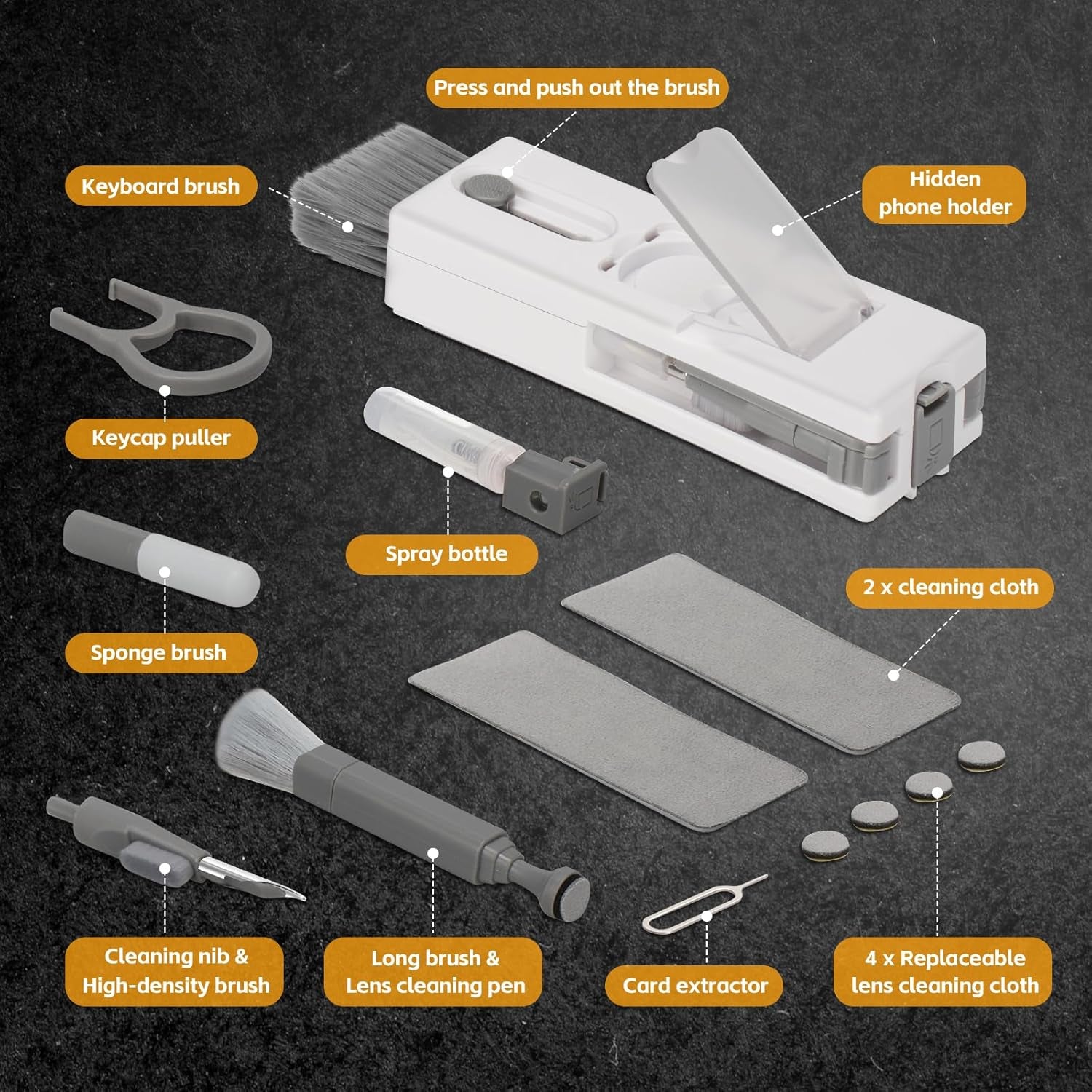 Alyvisun 11 En 1 Kit Limpieza PC Multifuncional, Cepillo De Limpiador Teclado Con Extractor De Teclas, Para Laptop, Teléfonos, Auriculares, Gris