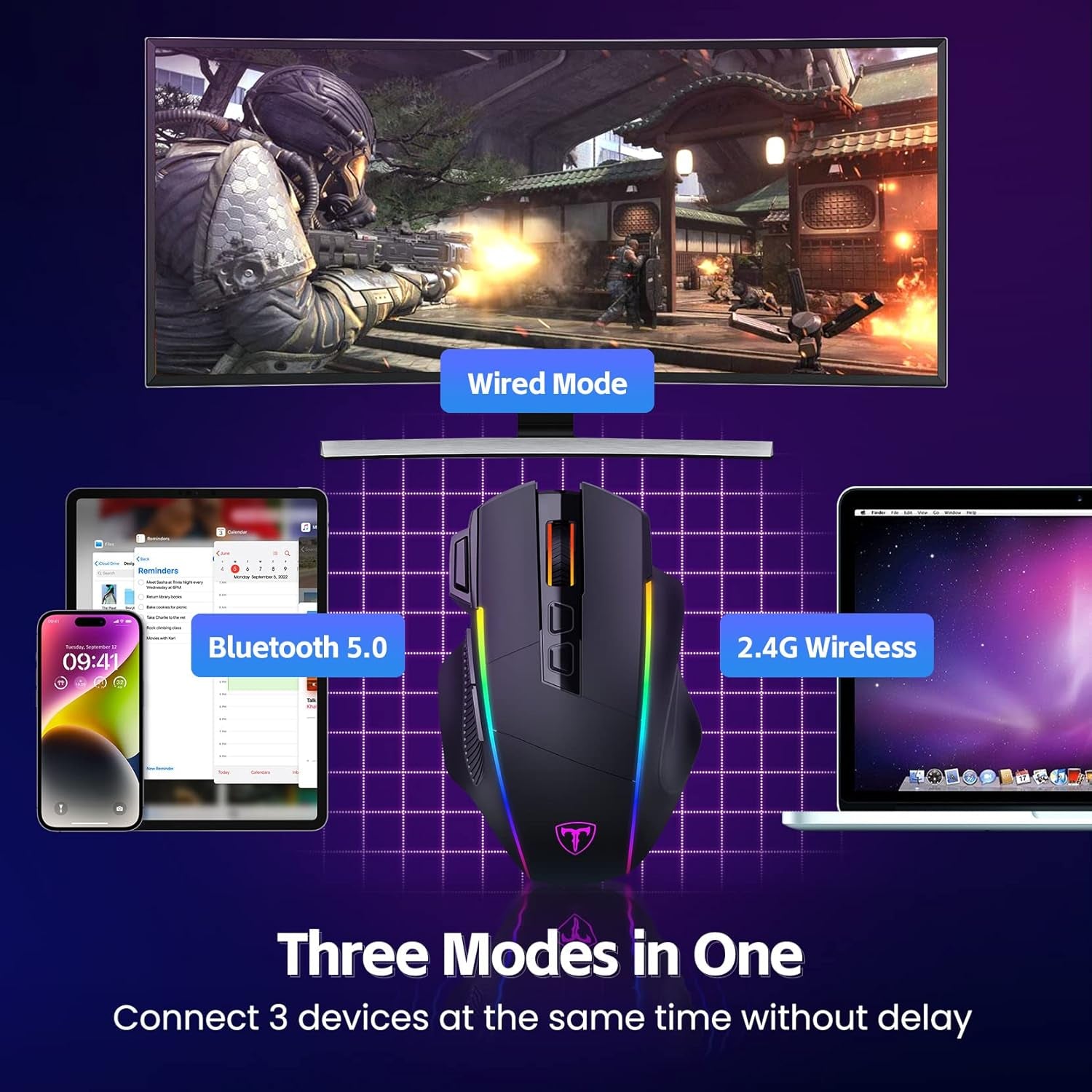 3 Wireless - Ratón Para Gaming, Tri-Mode 2.4G/Usb-C/Bluetooth Mouse Hasta 10000DPI, Chroma RGB Retroiluminado, Ratón Ergonómico Con 8 Botones Programables, Memoria Incorporada, PC, Mac Gamer