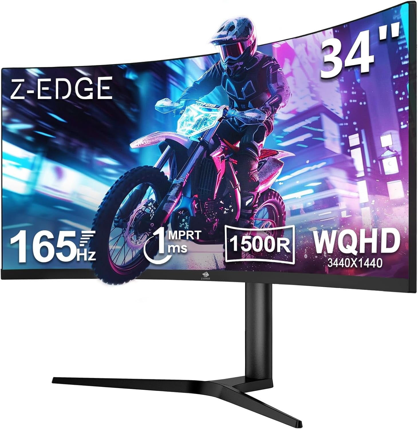 Z-Edge Monitor Gaming Curvo 34'', 165Hz, 3440X1440, 1Ms MPRT, Altura & Inclinación Ajustables, Pantalla Ultra Ancho 21:9 Con DP Cable, Freesync, 1500R VA, 2* HDMI2.0 &2* DP1.4, RGB, VESA 100 * 100Mm