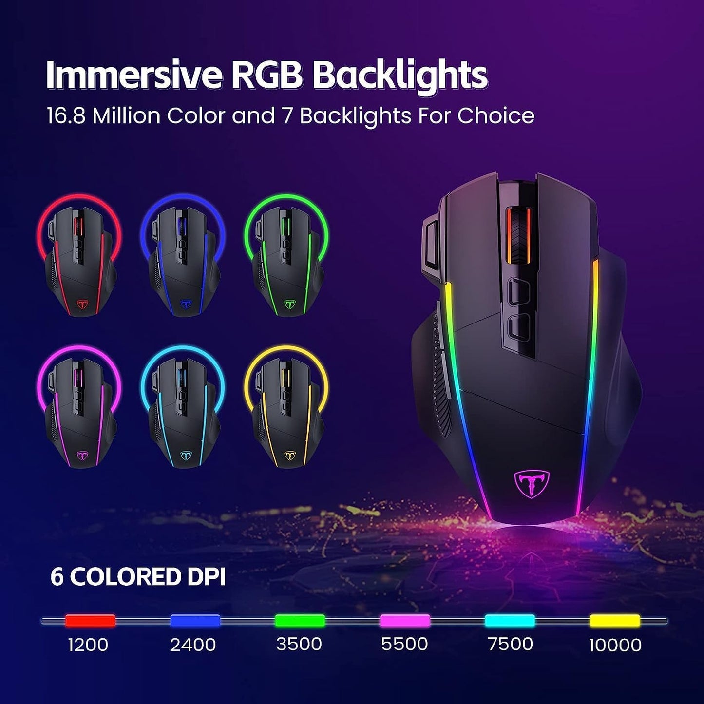 3 Wireless - Ratón Para Gaming, Tri-Mode 2.4G/Usb-C/Bluetooth Mouse Hasta 10000DPI, Chroma RGB Retroiluminado, Ratón Ergonómico Con 8 Botones Programables, Memoria Incorporada, PC, Mac Gamer