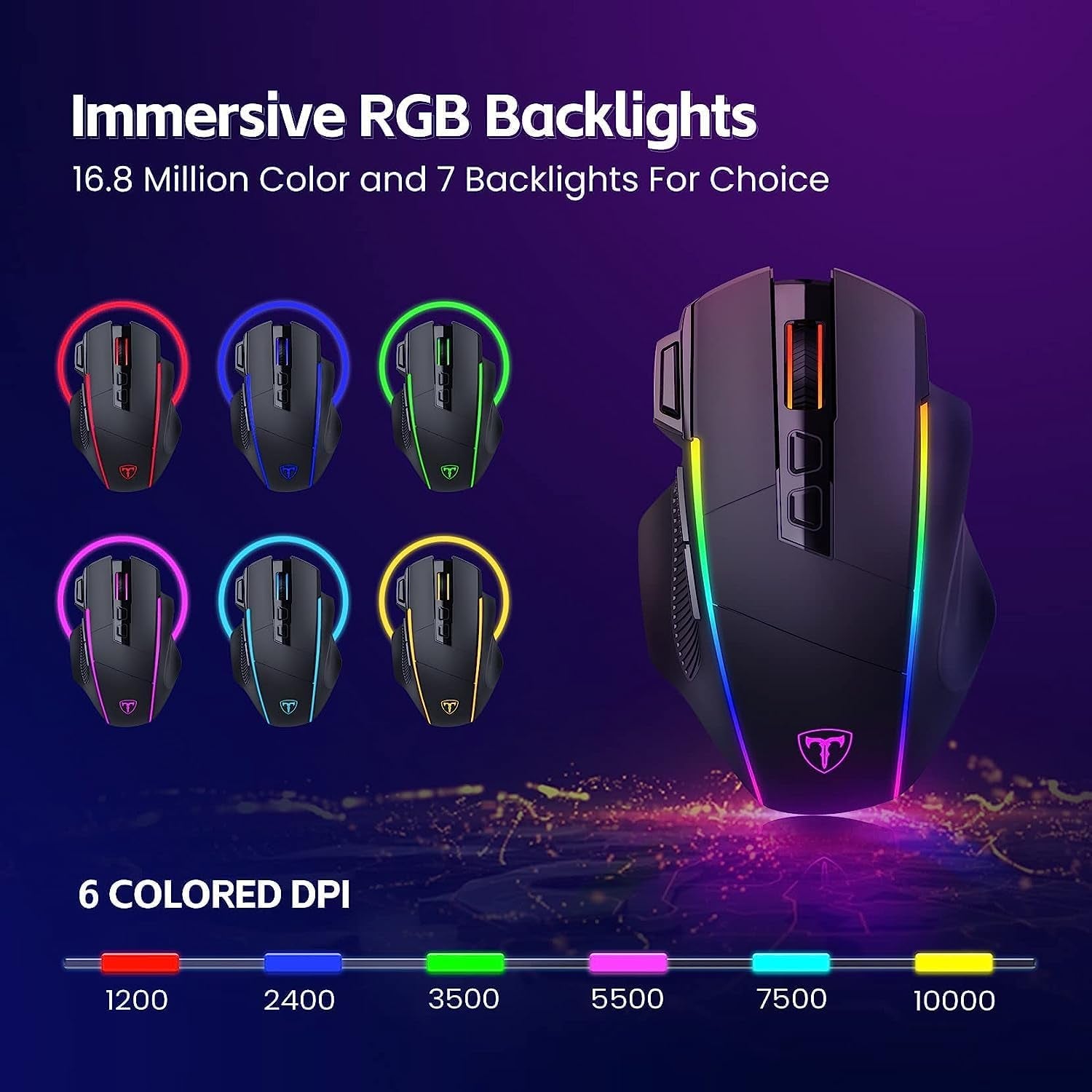 3 Wireless - Ratón Para Gaming, Tri-Mode 2.4G/Usb-C/Bluetooth Mouse Hasta 10000DPI, Chroma RGB Retroiluminado, Ratón Ergonómico Con 8 Botones Programables, Memoria Incorporada, PC, Mac Gamer