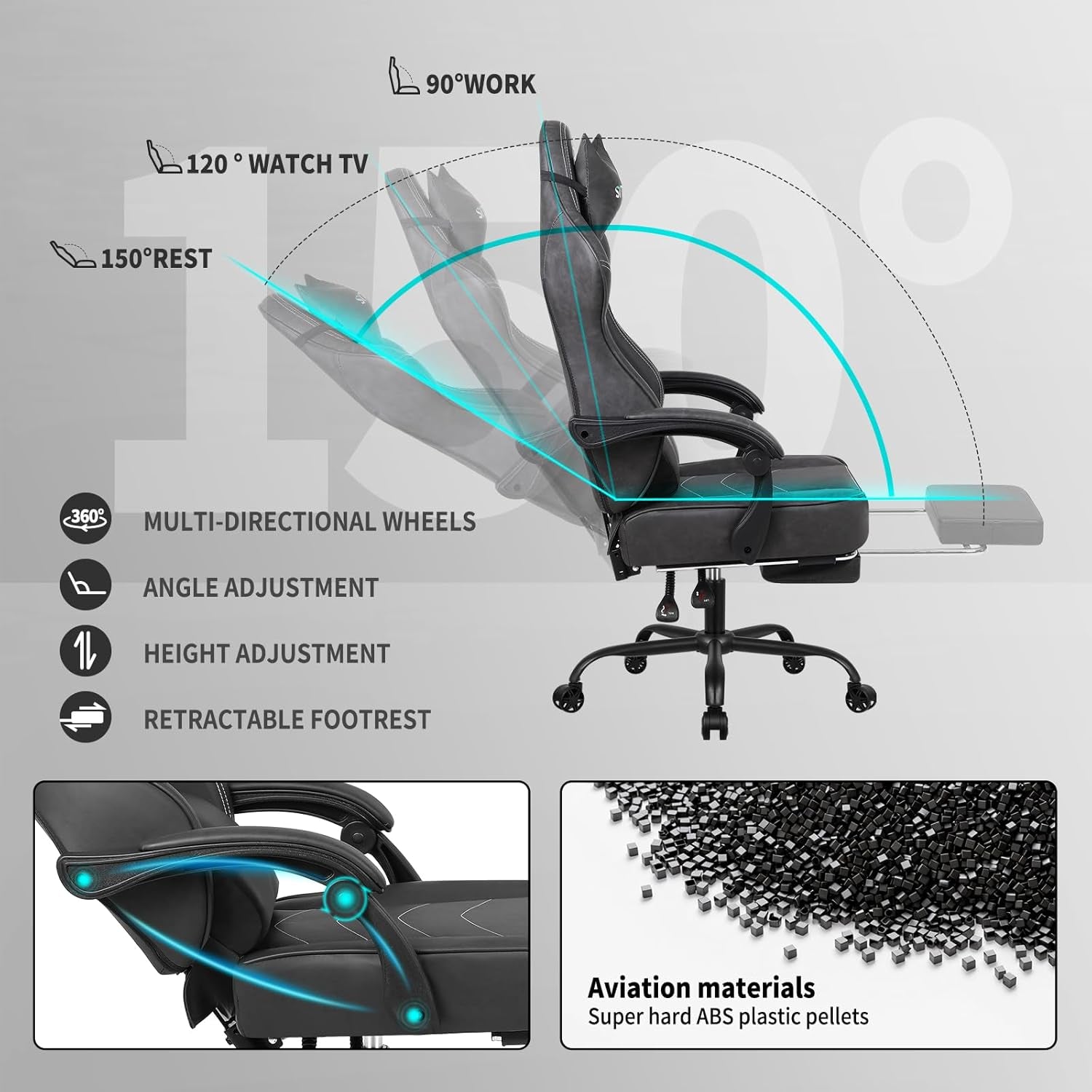 Silla De Juegos Con Reposapiés, Sillas De Trabajo Para Computadora Con Soporte Lumbar Y Reposacabezas, Sillas Grandes Y Altas De Altura Ajustable Con Cojín Giratorio De 360°, Silla De Oficina De Piel