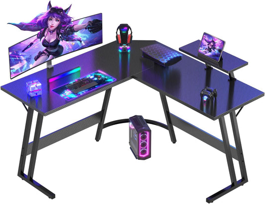 Devoko Escritorio Gaming De Esquina,120 X 120Cm,Escritorio Gamer En Forma De L Con Soporte De Monitor, Para Estudio,Oficina,Gaming,Dormitorio(Carbono Negro)
