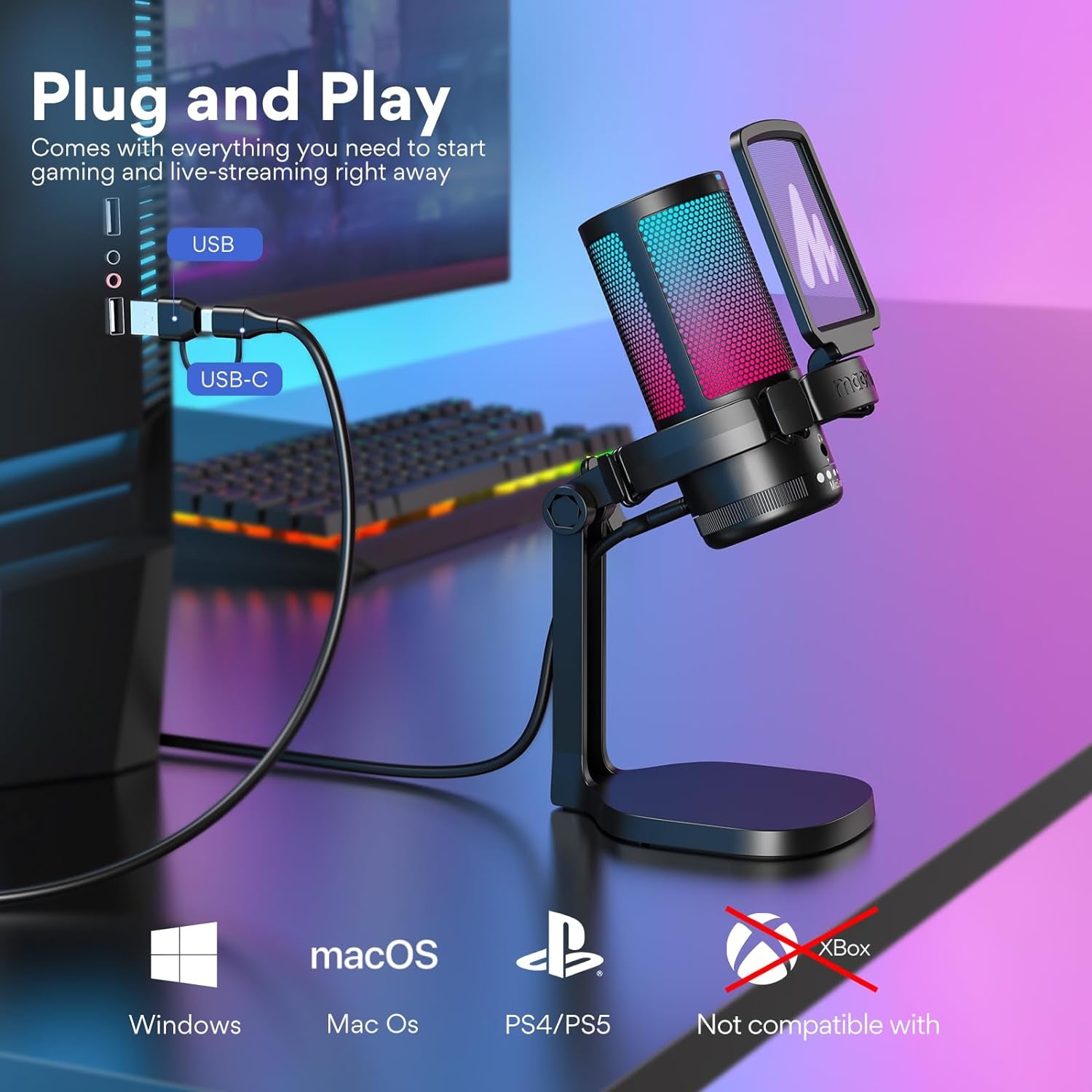 MAONO Micrófono Gaming, USB Micrófono Condensador Con Cancelación De Ruido Para Streaming Podcast Studio, Compatible Con Ps5/Ps4/Mac Con Luces RGB Controlables, Botón De Silencio, Control De Ganancia