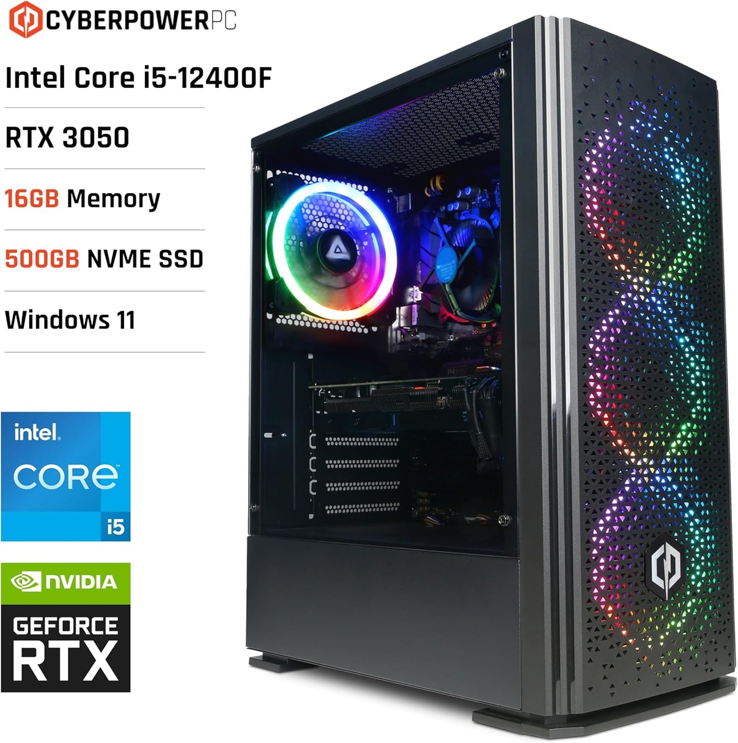 CYBERPOWERPC Wyvern Gaming PC - Intel Core I5-12400F, Nvidia RTX 3050, 16GB RAM, 500GB Nvme SSD, 650W 80+ PSU, Wi-Fi, Windows 11, Biaze RGB