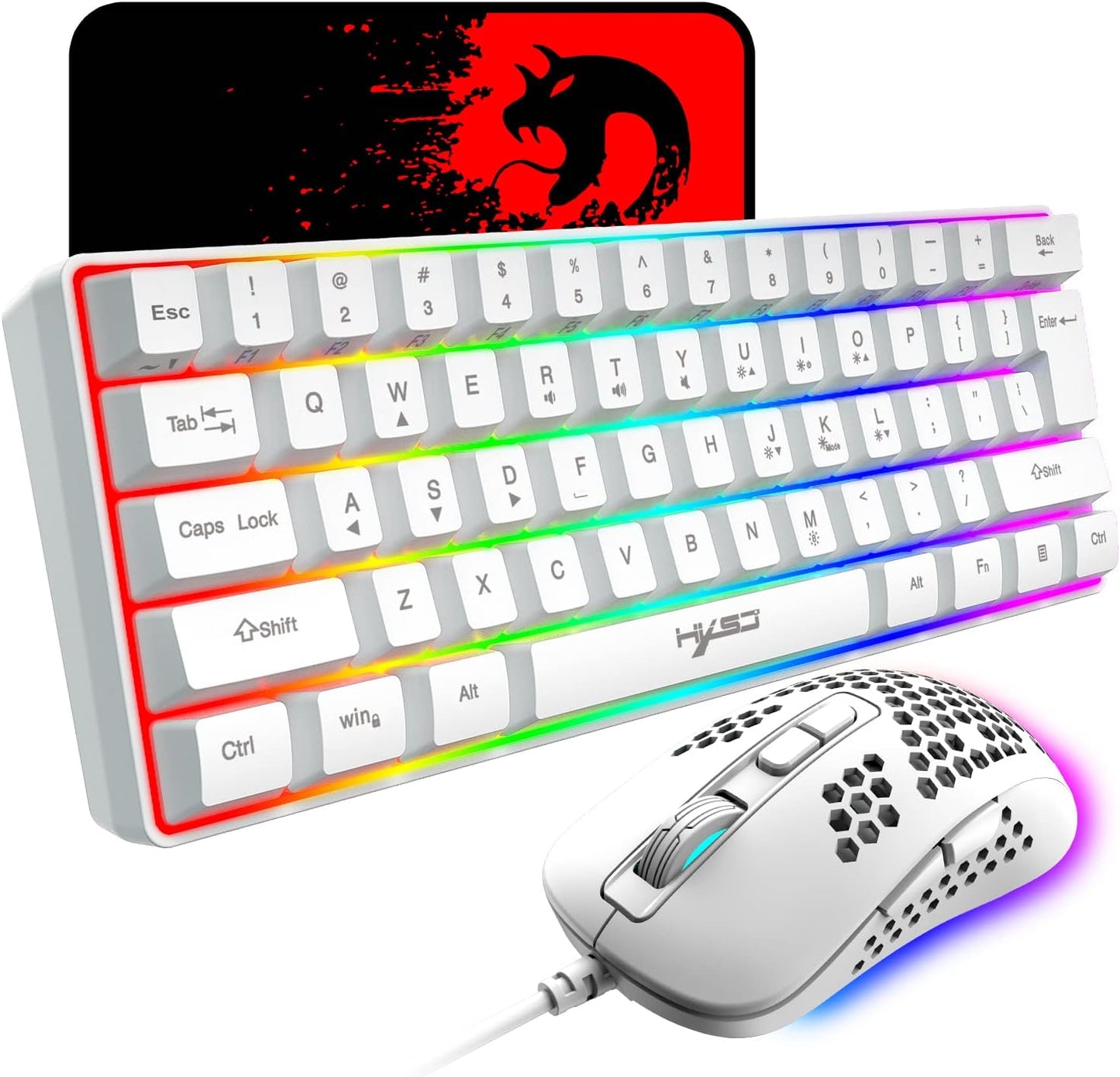 Teclado Compacto Para Juegos 60% Cableado 61 Teclas 11 Efectos De Luz De Fondo RGB Con Teclas Completas Anti-Efecto Fantasma + Ratón De Nido De Abeja Ligero Con Cable De 2400 Ppp+Alfombrilla