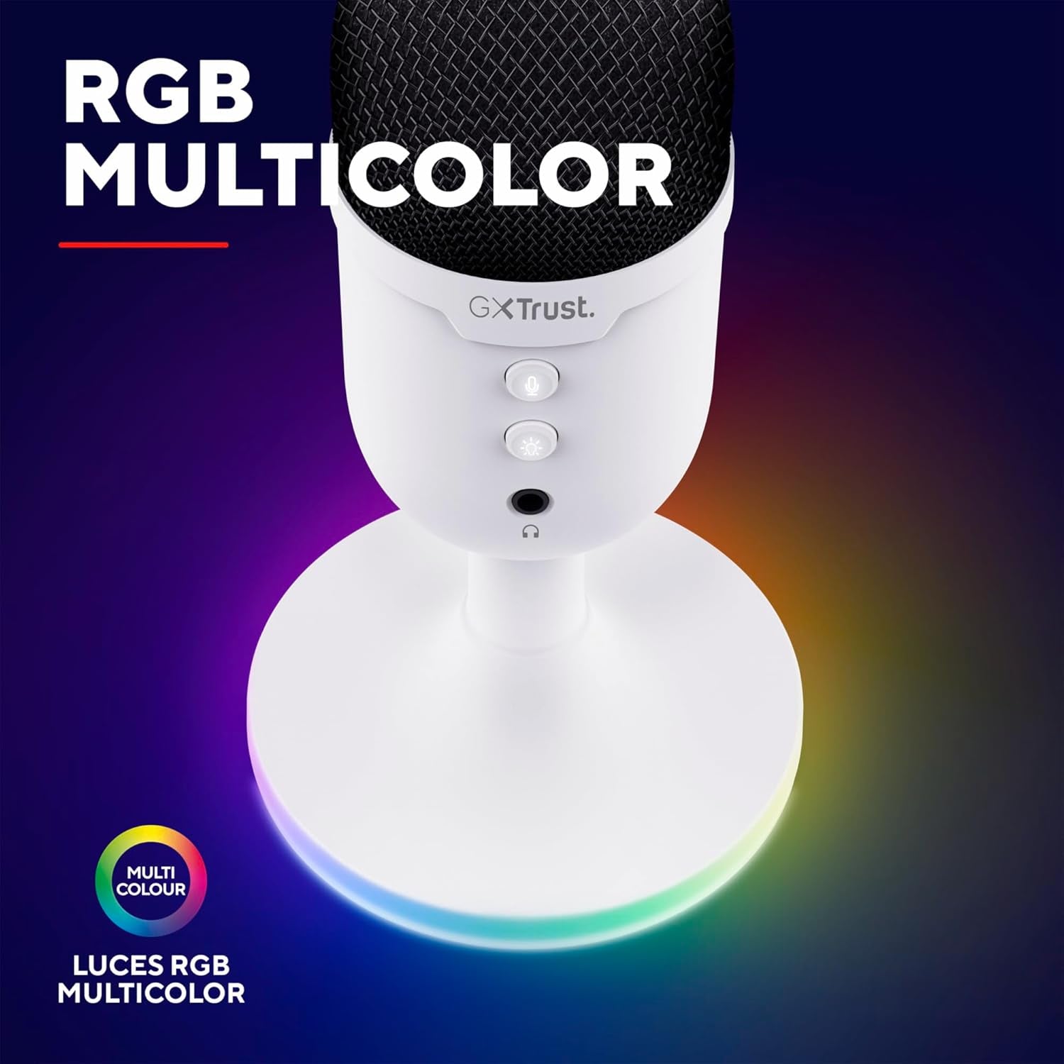 Trust Gaming GXT 236W Yami Micrófono PC USB Para Streaming Podcast Twitch Discord ASMR Youtube Playstation 5 Juegos, Micrófono De Condensador Cardioide, Micro Con Iluminación LED RGB - Blanco
