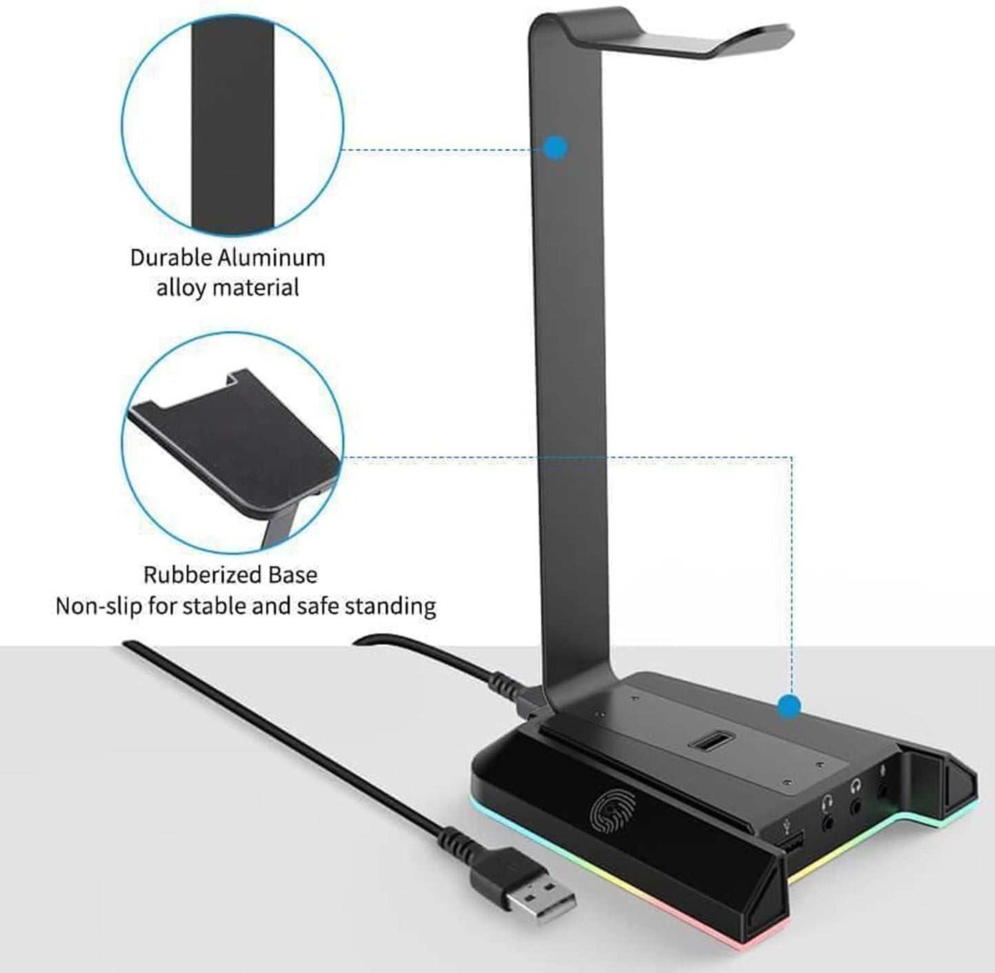 EKSA W1 Soporte Auriculares Con RGB, Sonido Envolvente 7.1, 3 Puertos 3.5Mm Y 2 USB, Accesorios Gaming Para PC, Aluminio, Compatible Con Pc/Netbook/Gamer