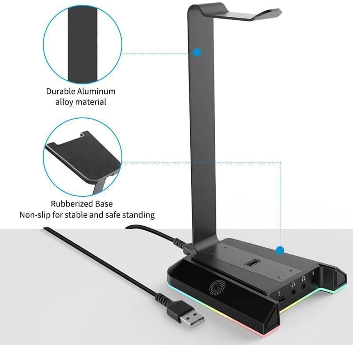 EKSA W1 Soporte Auriculares Con RGB, Sonido Envolvente 7.1, 3 Puertos 3.5Mm Y 2 USB, Accesorios Gaming Para PC, Aluminio, Compatible Con Pc/Netbook/Gamer