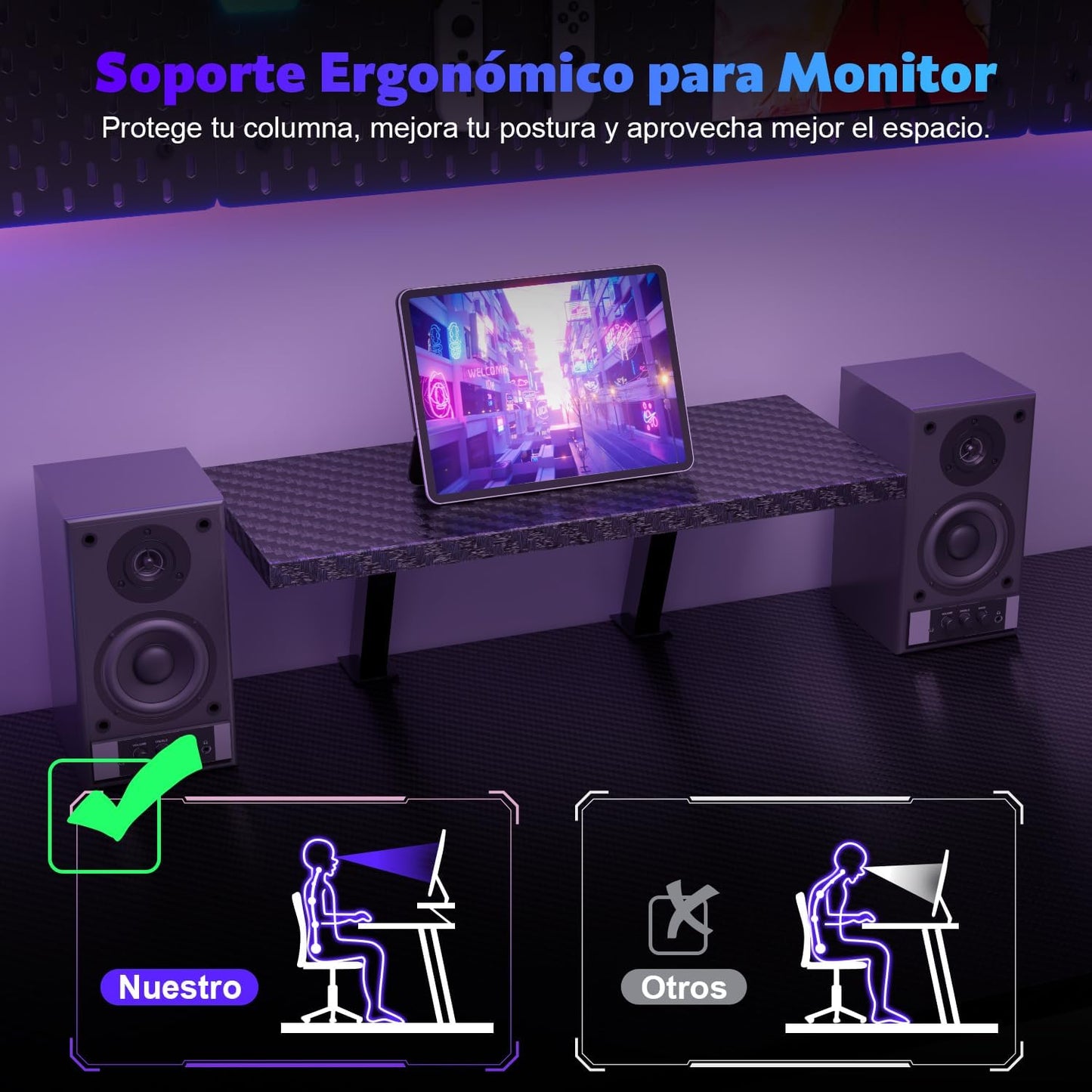 Devoko Escritorio Gaming De Esquina,120 X 120Cm,Escritorio Gamer En Forma De L Con Soporte De Monitor, Para Estudio,Oficina,Gaming,Dormitorio(Carbono Negro)