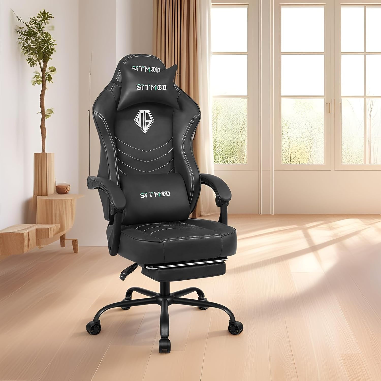 Silla De Juegos Con Reposapiés, Sillas De Trabajo Para Computadora Con Soporte Lumbar Y Reposacabezas, Sillas Grandes Y Altas De Altura Ajustable Con Cojín Giratorio De 360°, Silla De Oficina De Piel