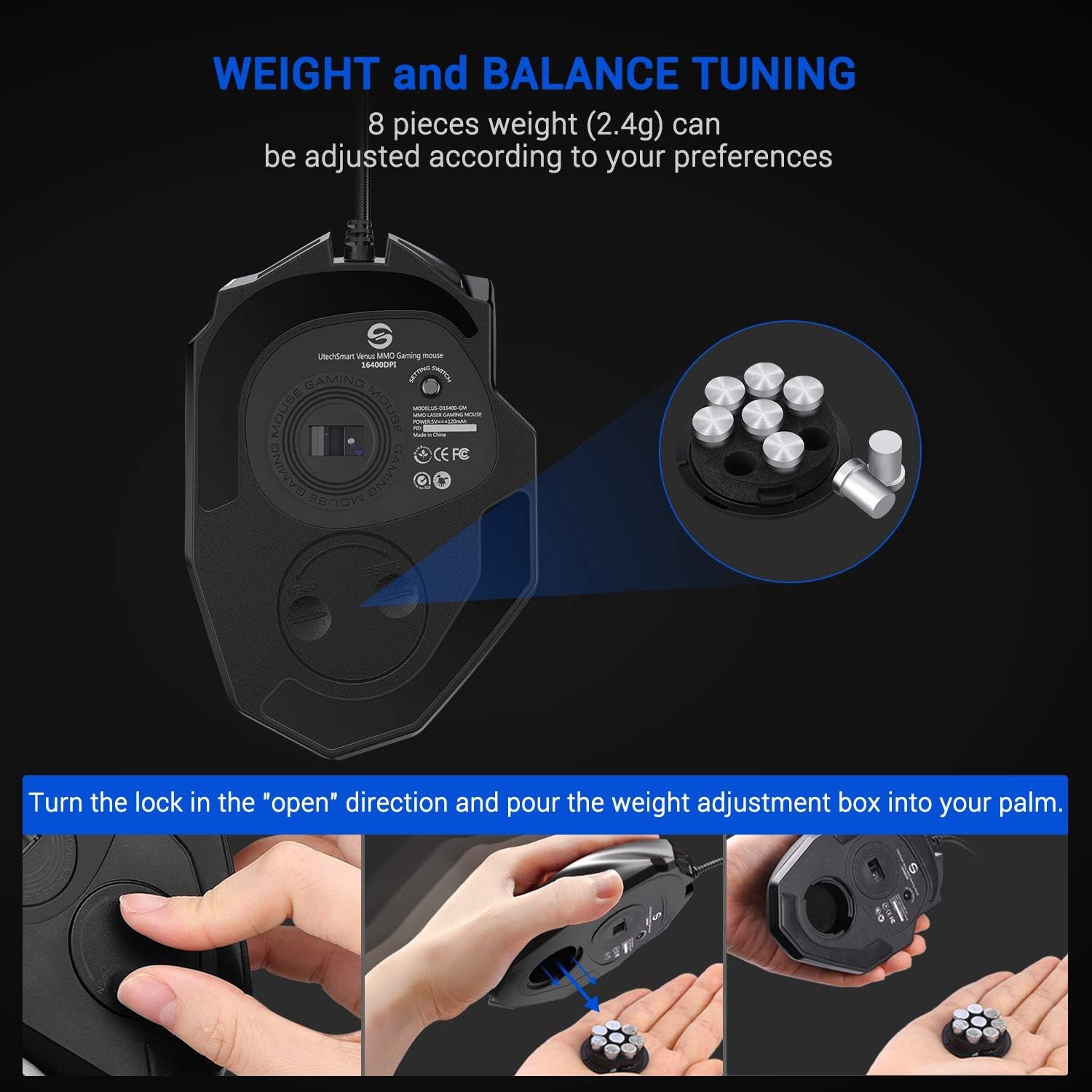 Utechsmart Venus - Ratón Láser USB Para Juegos MMO, De Alta Precisión (18 Botones Programables, 16400 Dpi), Color Negro