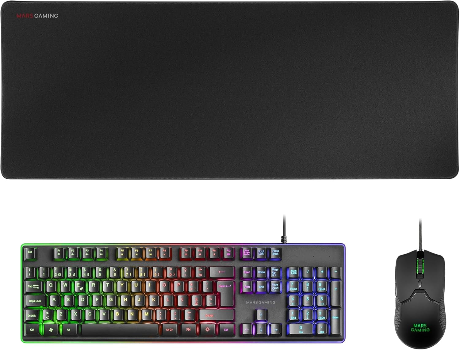 Mars Gaming MCPX, Combo Gaming 3En1 Con Teclado H-Mech Iluminado, Ratón Ultraligero 10000 Dpi Con Software Y Alfombrilla XXL, Compatible Con PC, PS4, PS5, Xbox, Portugués, Negro