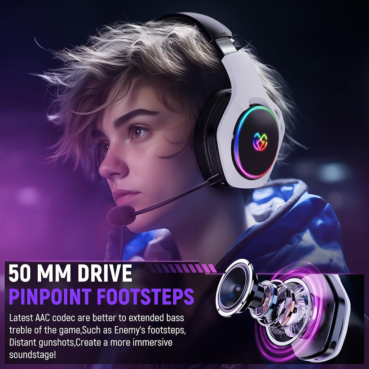 Tatybo Auriculares Gaming Inalámbricos Para Pc/Ps5/Ps4, Cascos Gaming Inalámbricos Con Micro 2.4 Ghz+5.3 Bluetooth Modo Dual, 7.1 Sonido Envolvente, Duración 40Hr+
