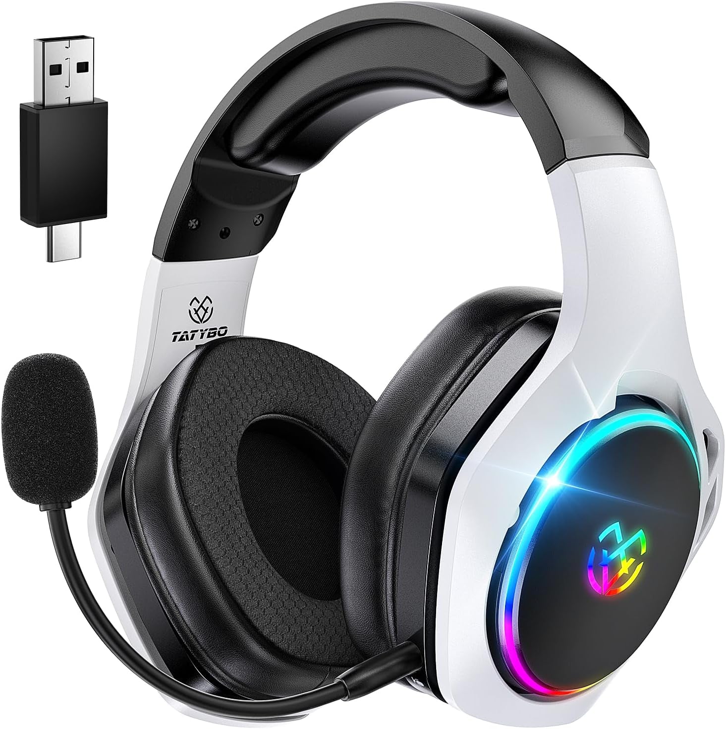 Tatybo Auriculares Gaming Inalámbricos Para Pc/Ps5/Ps4, Cascos Gaming Inalámbricos Con Micro 2.4 Ghz+5.3 Bluetooth Modo Dual, 7.1 Sonido Envolvente, Duración 40Hr+