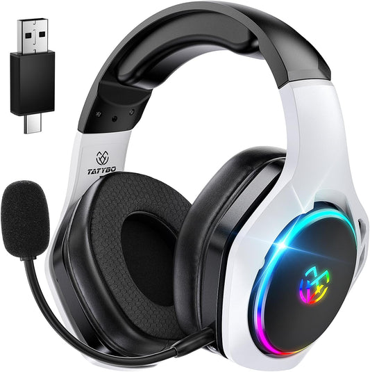 Tatybo Auriculares Gaming Inalámbricos Para Pc/Ps5/Ps4, Cascos Gaming Inalámbricos Con Micro 2.4 Ghz+5.3 Bluetooth Modo Dual, 7.1 Sonido Envolvente, Duración 40Hr+