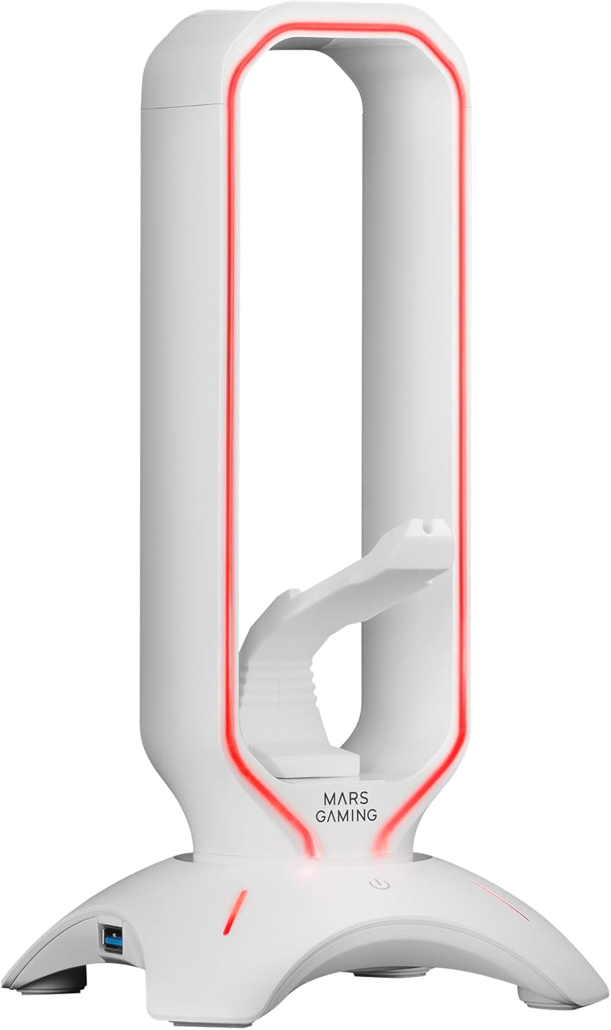 Mars Gaming MHHPRO, Soporte Auriculares 3En1 Con Iluminación RGB Flow Touch, Bungee Para Ratón, HUB Con 2 USB 3.0, Base Antideslizante Y Diseño Compacto, Blanco