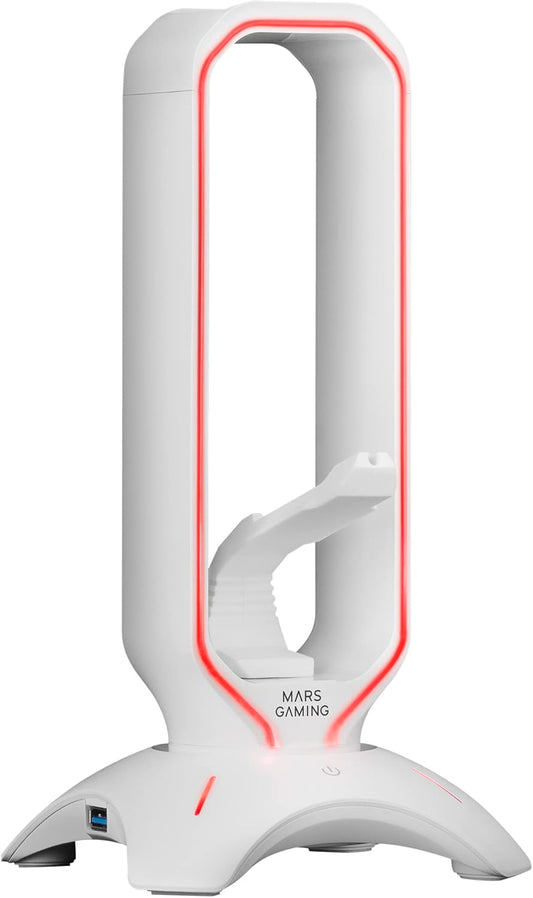 Mars Gaming MHHPRO, Soporte Auriculares 3En1 Con Iluminación RGB Flow Touch, Bungee Para Ratón, HUB Con 2 USB 3.0, Base Antideslizante Y Diseño Compacto, Blanco