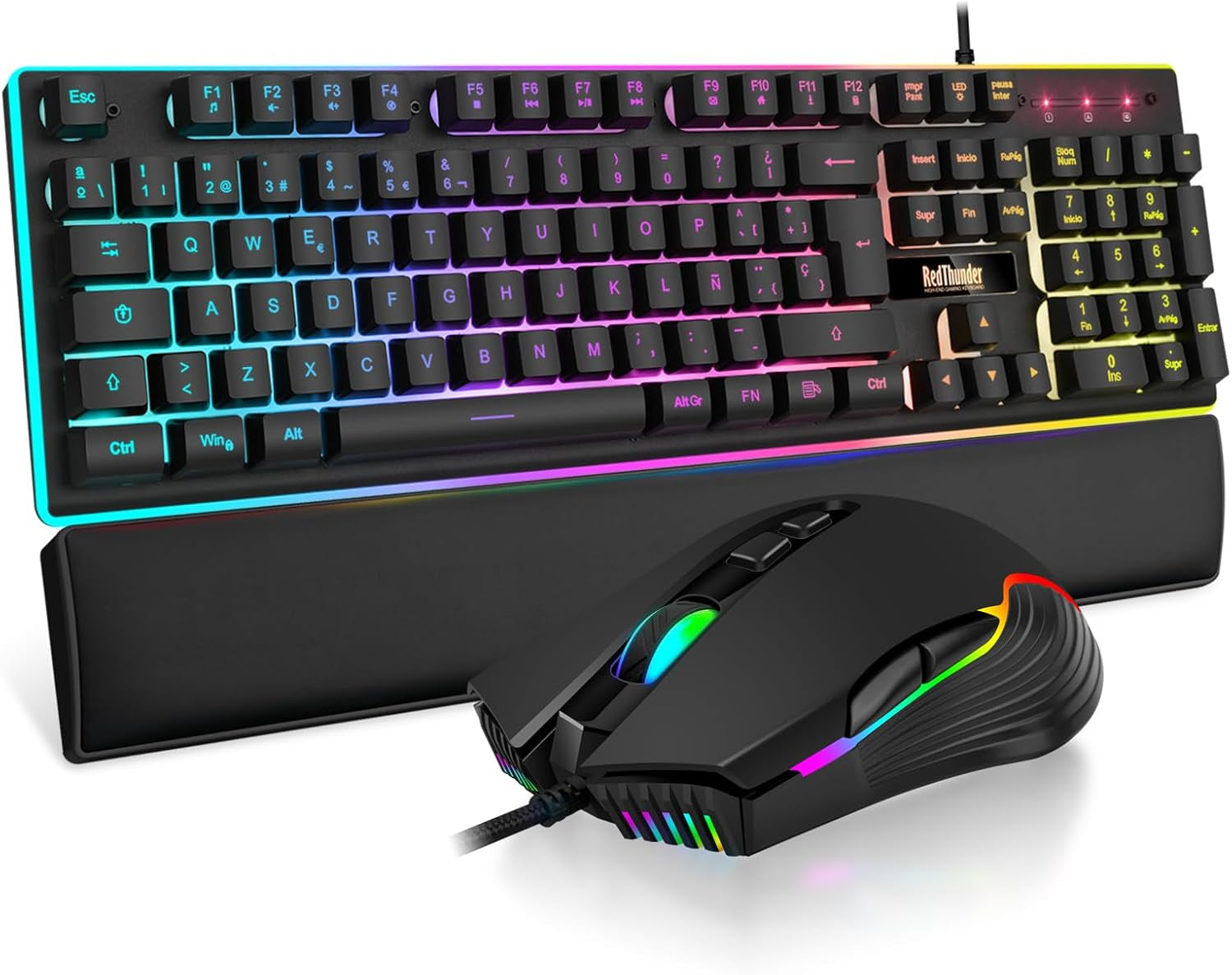 Redthunder K10 Juego 3 En 1 De Teclado, Ratón Y Reposamuñecas De Cuero, Retroiluminación RGB + Tacto Mecánico, Teclas Anti-Ghosting + Ratón 7D 7200DPI, Layout Español, Compatible Con Pc/Ps5/Xbox Negro