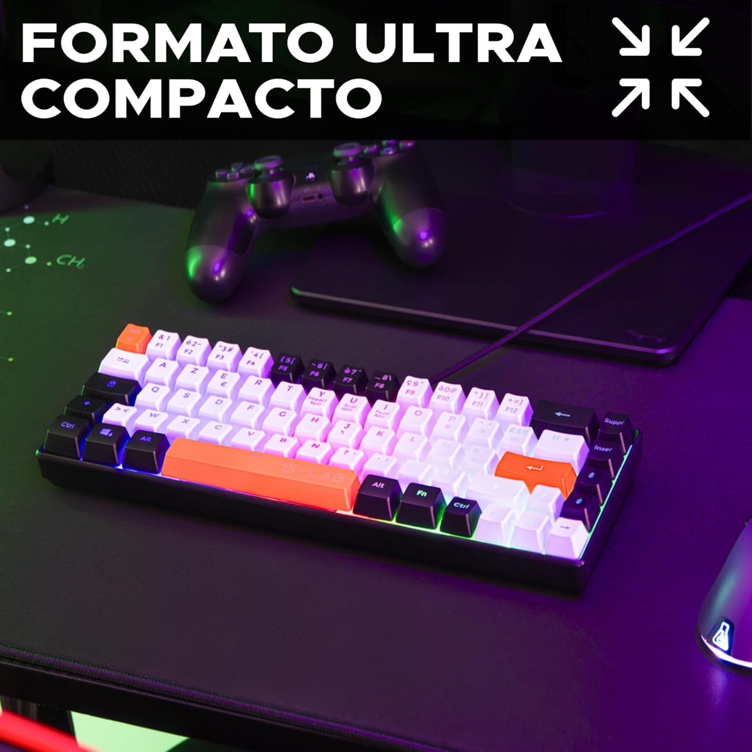 The G-Lab Keyz Hydrogen - Teclado Gaming QWERTY – Incluye Ñ - Semi Mecanico - Teclado Gamer 60%, Retroiluminación Multicolor - Silencioso, Para PC,PS4,PS5