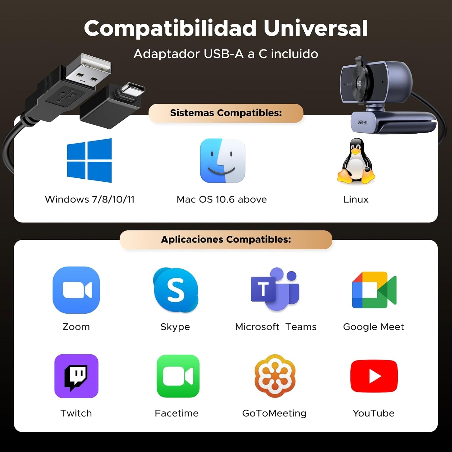 UGREEN Webcam 4K 30FPS Ultra HD USB Webcam Para Ordenador Enfoque Fijo Plug and Play Para Windows Macos Linux Streaming Youtube Skype Call Video Zoom Videoconferencia
