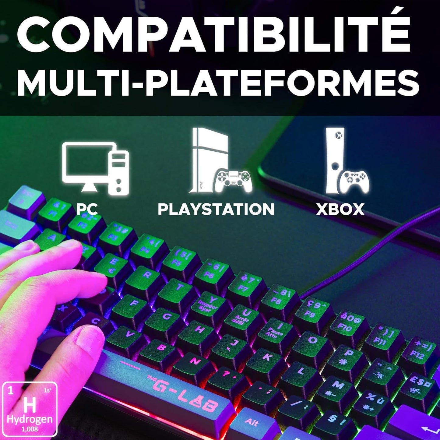 The G-Lab Keyz Hydrogen - Teclado Gaming AZERTY – Idioma Frances - Teclado Para Juegos Semi Mecanico - Teclado Gamer 60%, Retroiluminación Multicolor - Mini Teclado Gamer Silencioso, Para PC,PS4,PS5