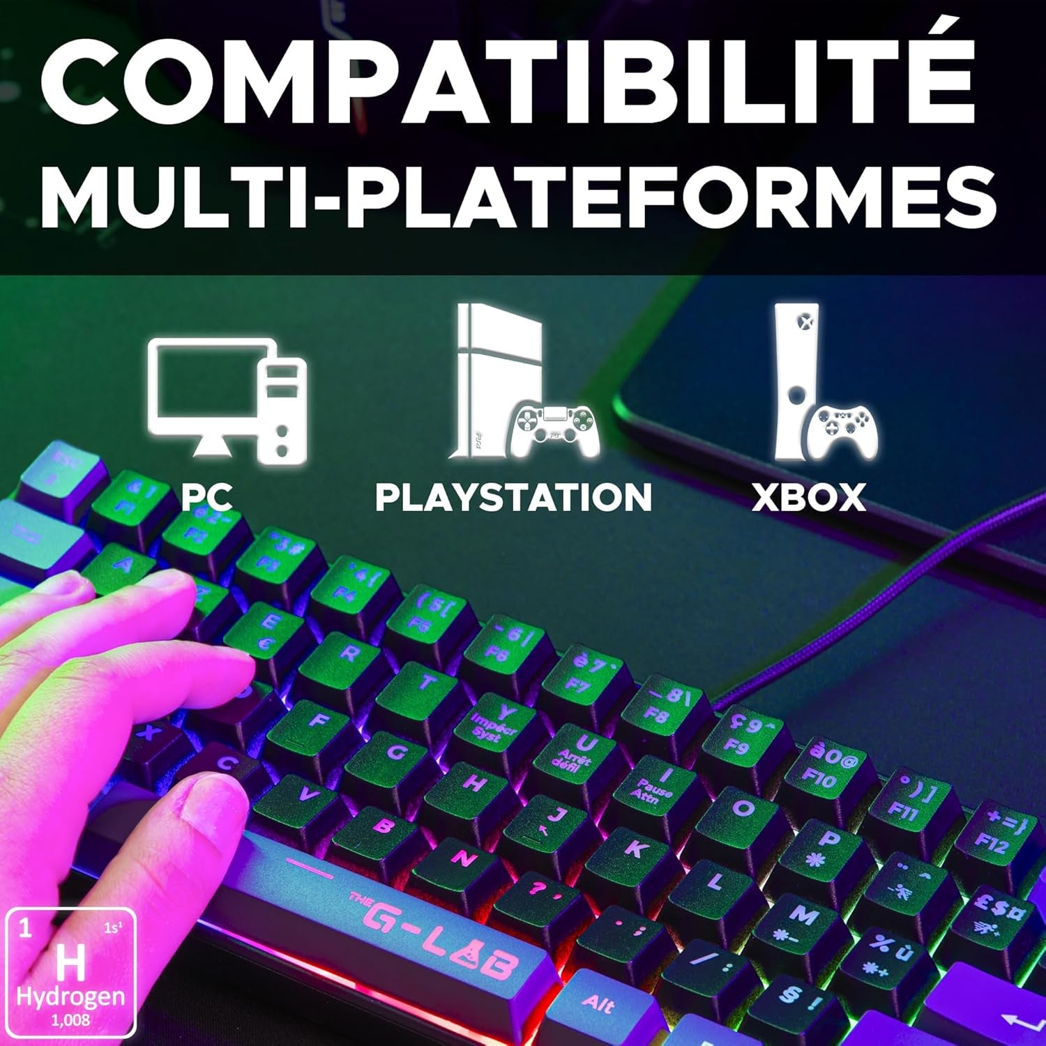 The G-Lab Keyz Hydrogen - Teclado Gaming AZERTY – Idioma Frances - Teclado Para Juegos Semi Mecanico - Teclado Gamer 60%, Retroiluminación Multicolor - Mini Teclado Gamer Silencioso, Para PC,PS4,PS5