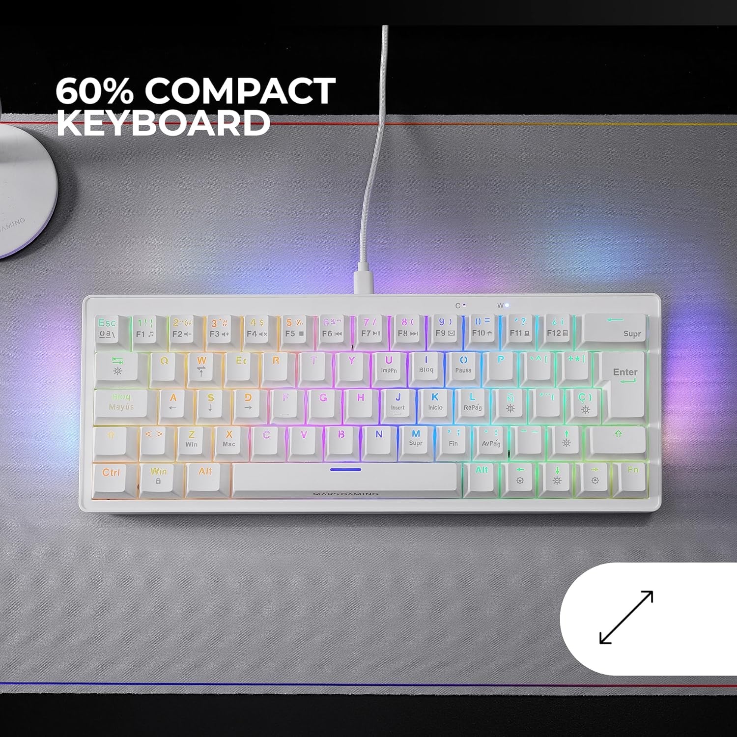 Mars Gaming MKMINIPRO, Teclado Mecánico Ultra-Compacto 60%, Switches Mecánicos Hot-Swappable, Iluminación RGB Chroma, Teclado Gaming Antighosting, Multiplataforma, Switch Marrón, Portugués, Blanco