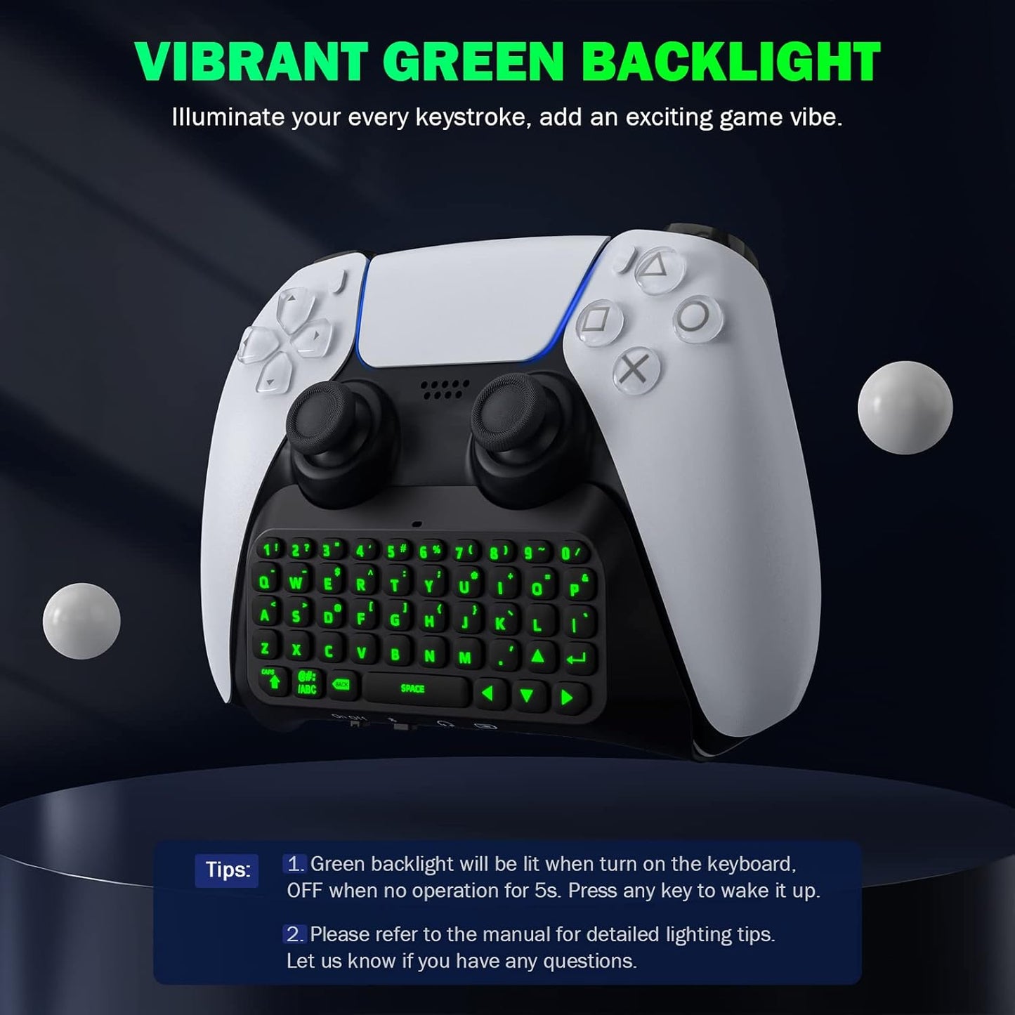 Moko Teclado Inalámbrico Para Mando PS5 Con Retroiluminación Verde, Mini Bluetooth Teclado Controlador Con 47 Teclas Chatpad, Altavoz Integrado Y Conector 3,5 Mm Audio Compatible Con Accesorios PS5