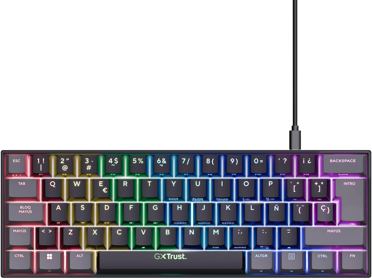 Trust Gaming GXT 867 Acira Teclado Mecánico 60% Español QWERTY, Teclas De Doble Función, Iluminación RGB, Mini Teclado Gaming Compacto Programmable Con Cable USB PC Portátil - Negro/Gris