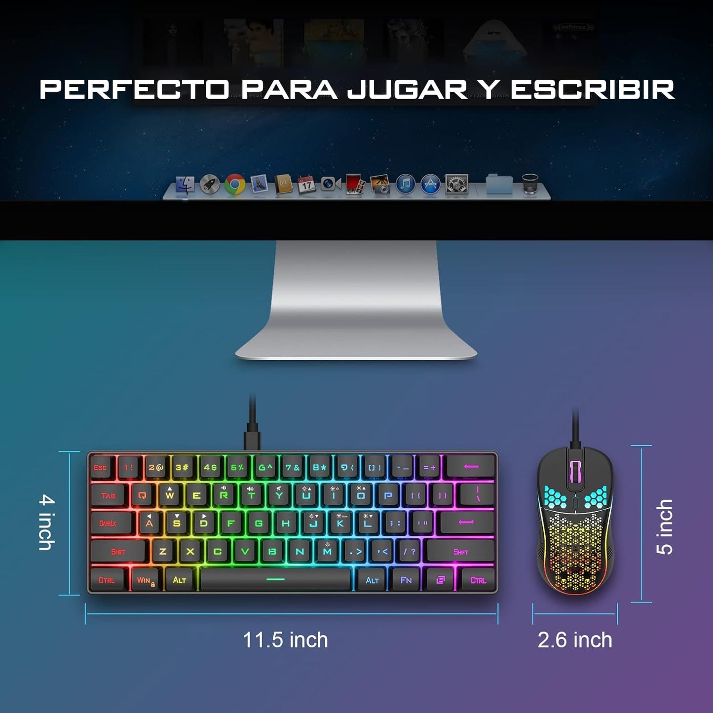 Redthunder Teclado Mecánico Alámbrico Gaming 60%,Retroiluminación RGB Dinámica,Ratón Celular Ligero De 7200 Dpi,Teclado Ultra-Compacto 62 Teclas Anti-Ghosting,Disposición QWERTY Es,Para Pc/Ps5/Xbox