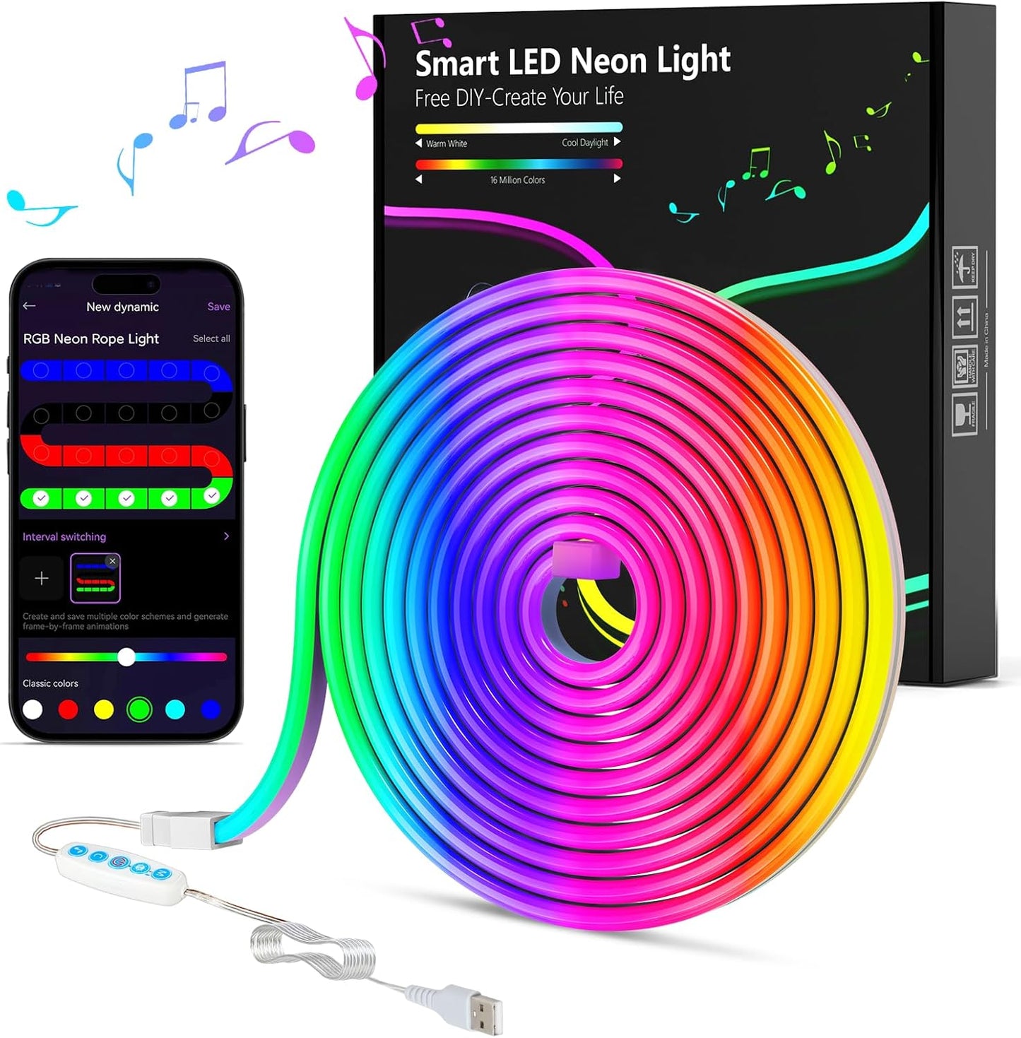 Tiras LED Neon 3M, Luces LED Strip RGB De Neón De DIY Siliconecon, Control Por App, Inteligente Control Segmentado Modo Música Y Escena Arcoíris Para Habitación Gaming, Fiesta, Dormitorio