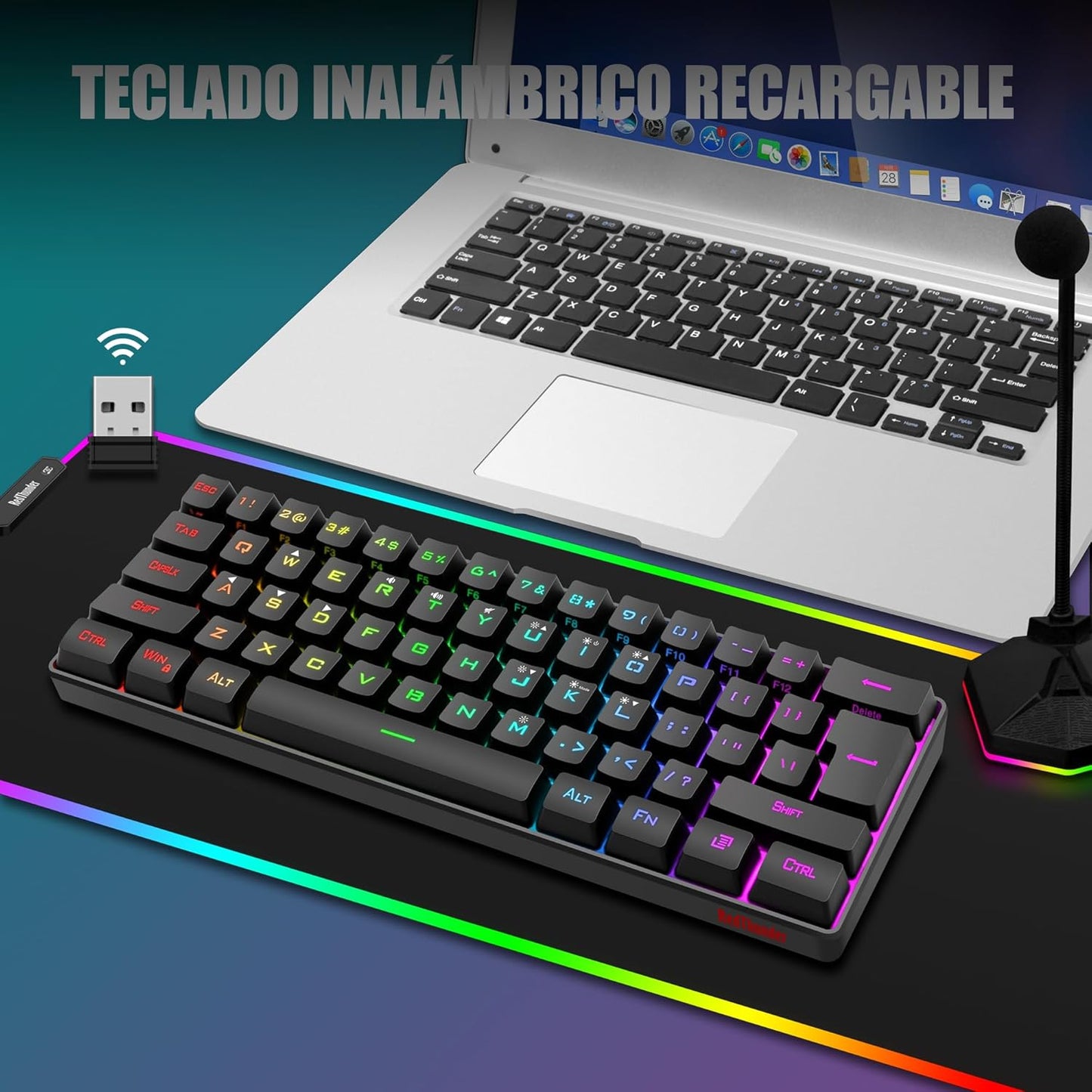 Redthunder Teclado Mecánico Alámbrico Gaming 60%,Retroiluminación RGB Dinámica,Ratón Celular Ligero De 7200 Dpi,Teclado Ultra-Compacto 62 Teclas Anti-Ghosting,Disposición QWERTY Es,Para Pc/Ps5/Xbox